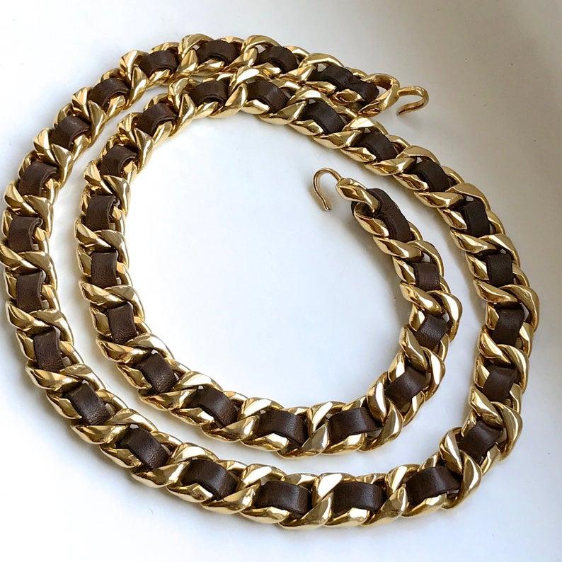 Women's Vintage CHANEL Classic Chain Brown Leather Necklace Belt