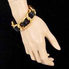 Vintage CHANEL Classic Gold Chain and Leather Bangle Bracelet
