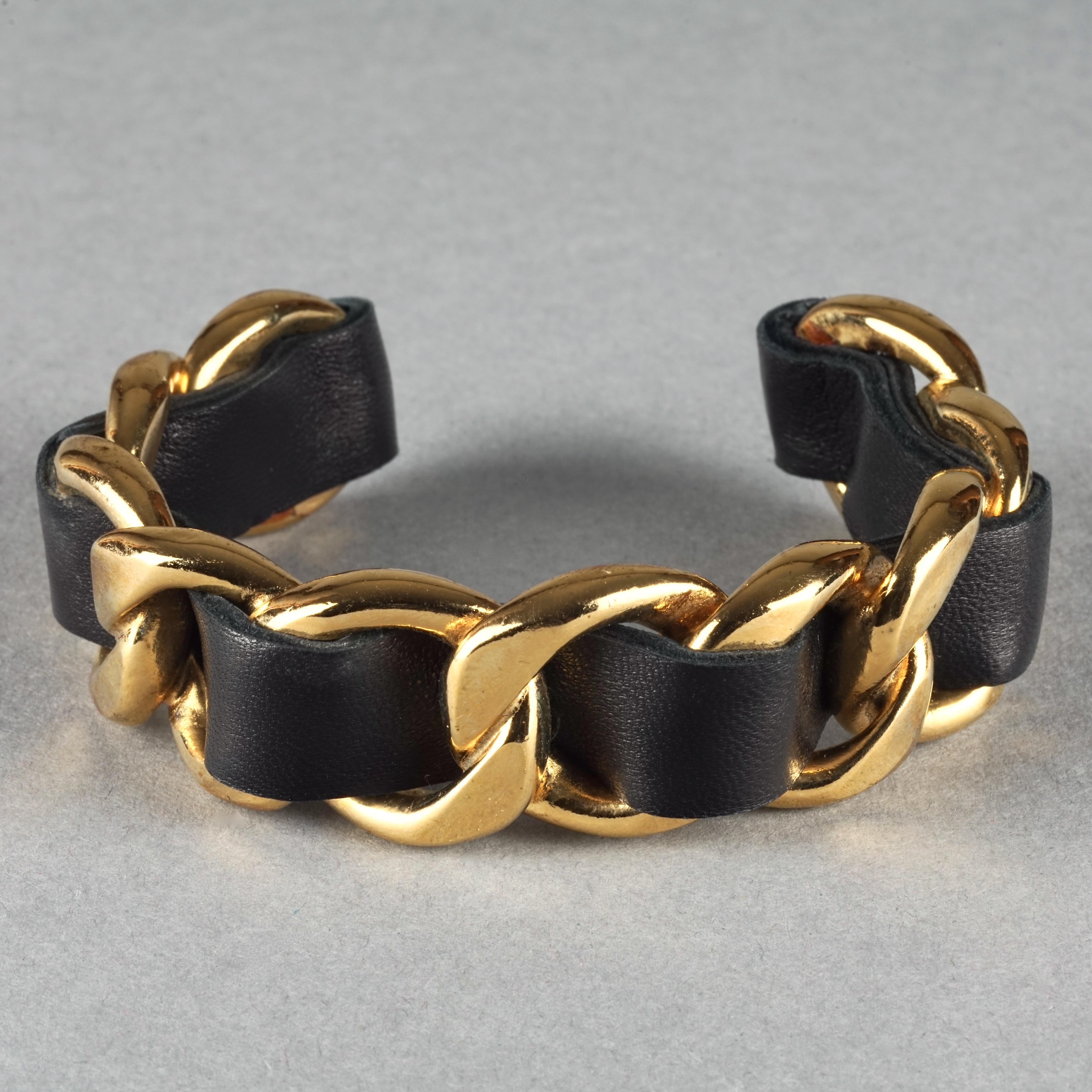 Women's Vintage CHANEL Classic Gold Chain and Leather Cuff Bracelet