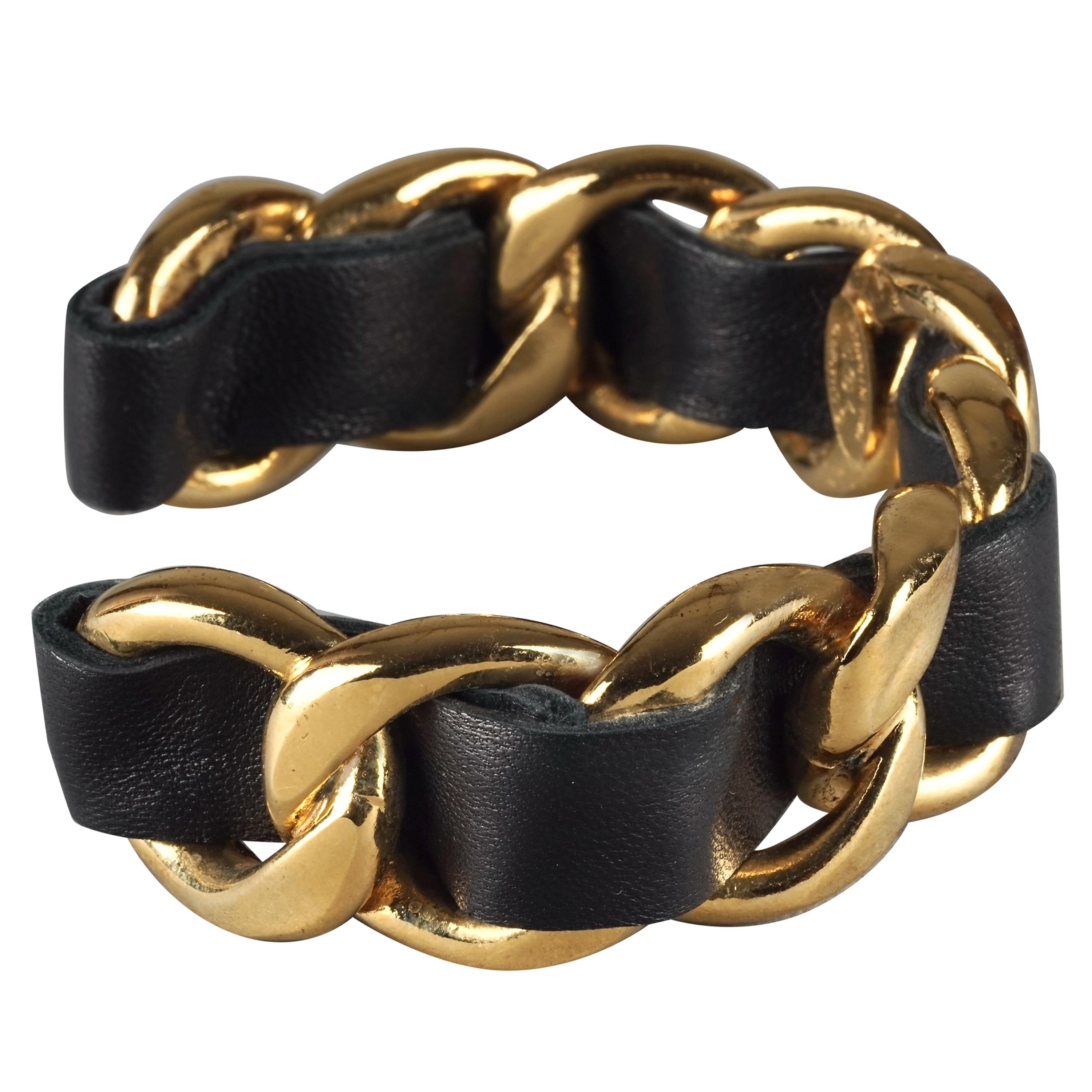 Vintage CHANEL Classic Gold Chain and Leather Cuff Bracelet
