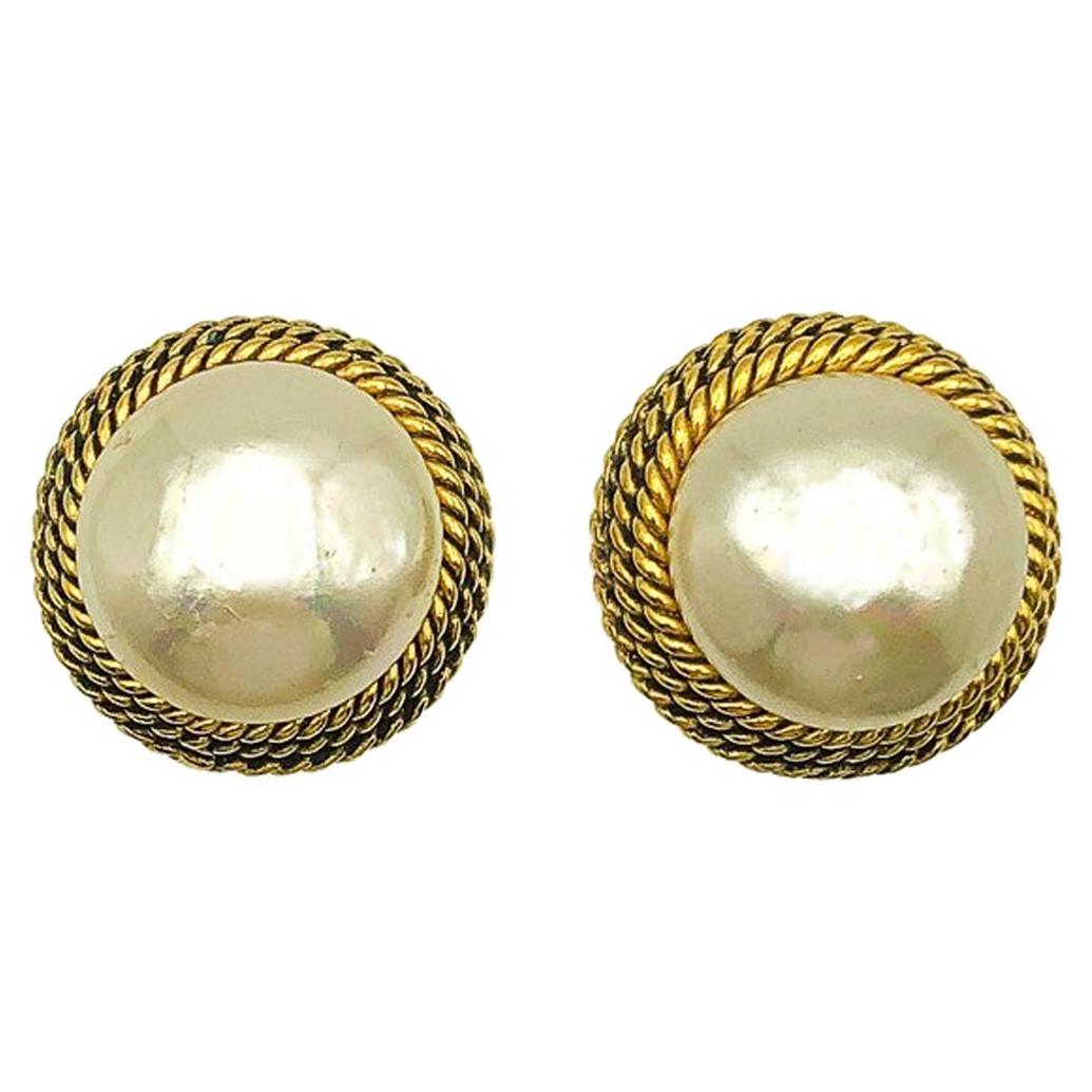 Vintage Chanel Classic Gold & Poured Glass Pearl Earrings 1980s