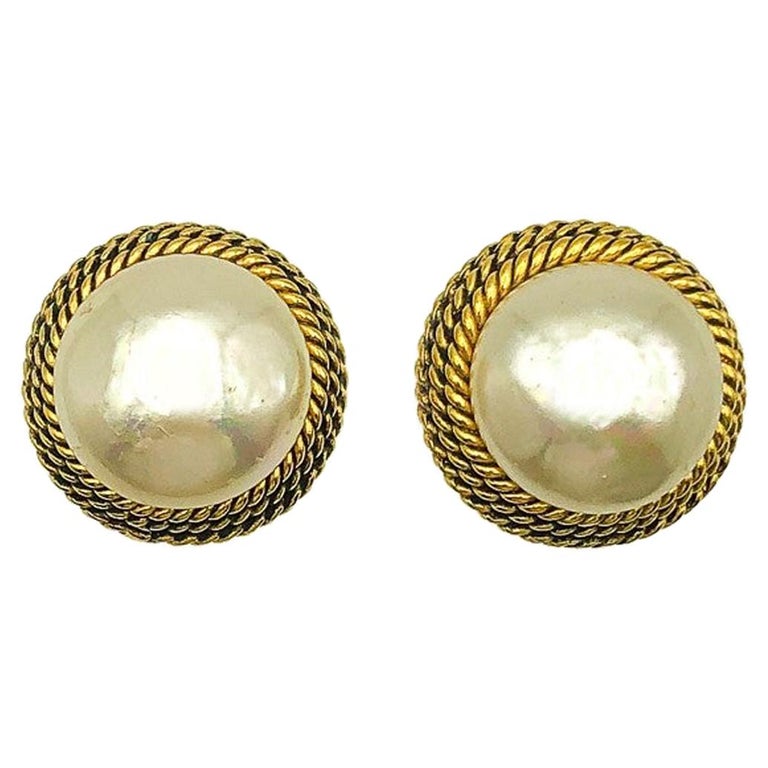 Vintage Chanel Classic Gold and Poured Glass Pearl Earrings 1980s at  1stDibs