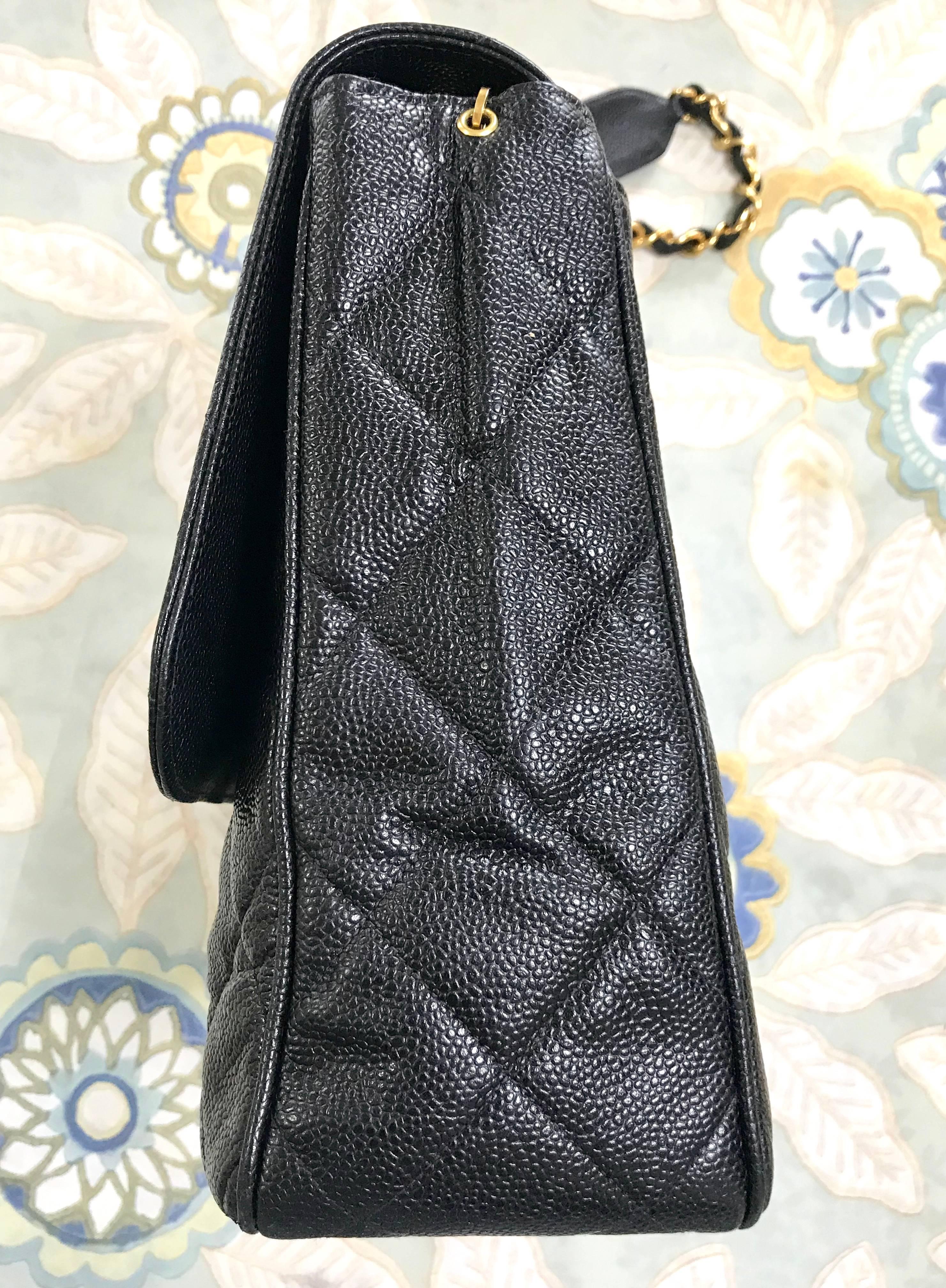 Vintage Chanel classic large black caviar leather 2.55 square chain shoulder bag For Sale 8