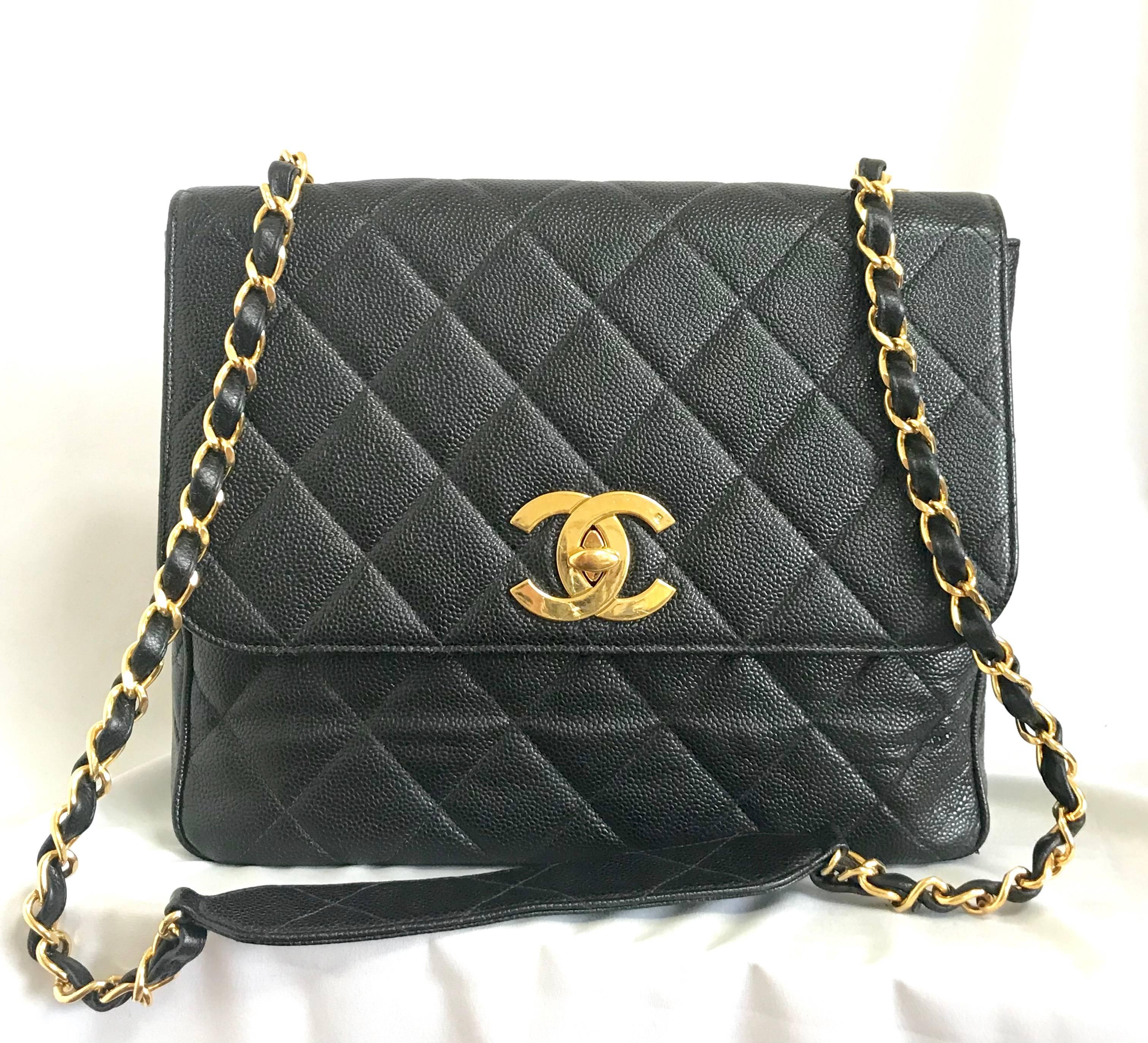 Vintage Chanel classic large black caviar leather 2.55 square chain shoulder bag For Sale 14