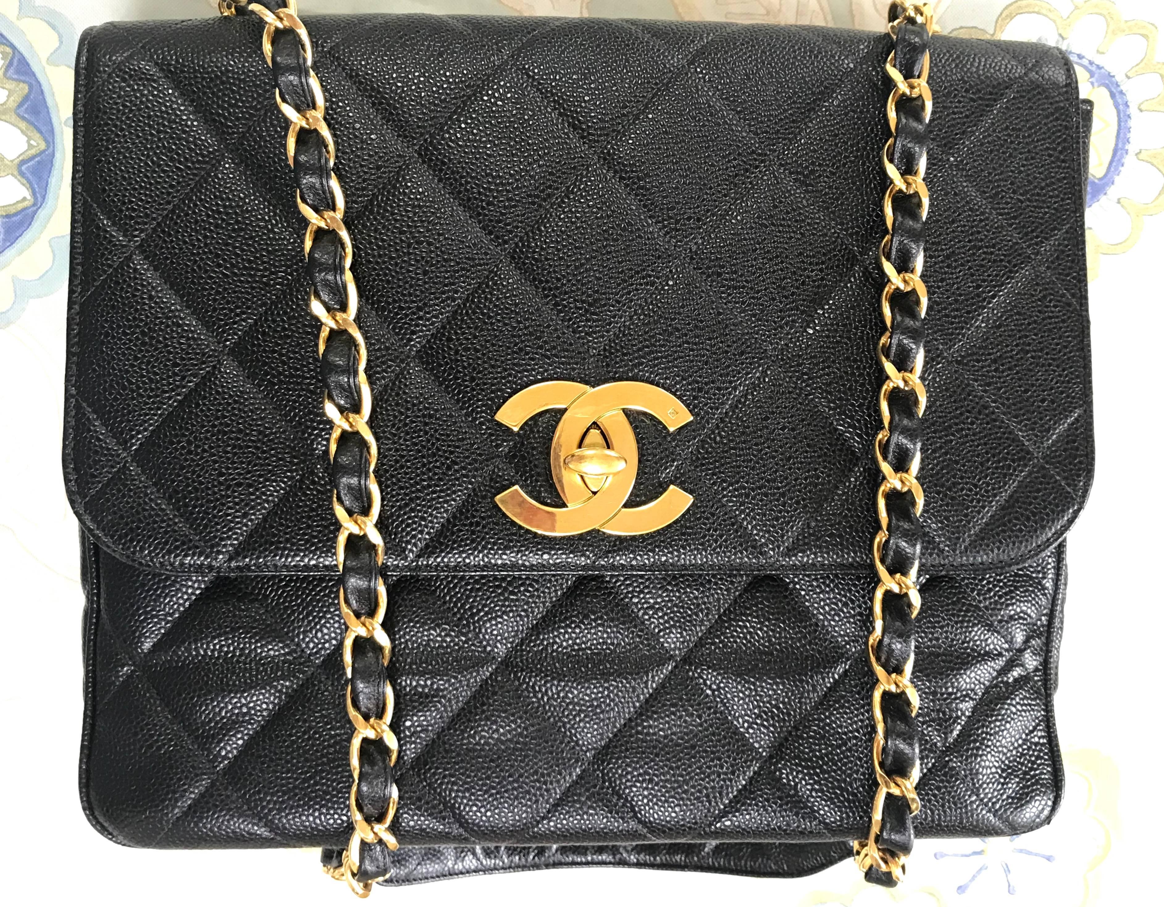 Black Vintage Chanel classic large black caviar leather 2.55 square chain shoulder bag For Sale