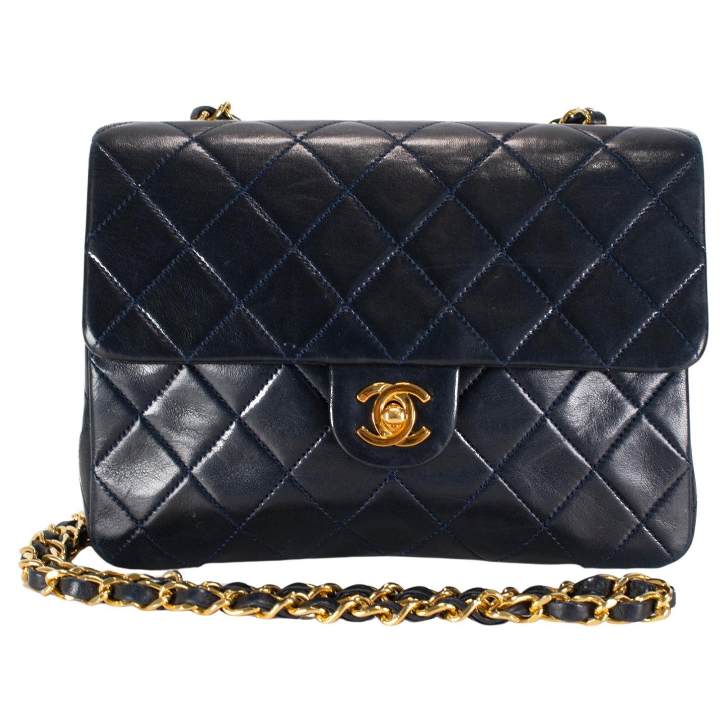 Vintage Chanel Classic Navy Lambskin Small Flap Crossbody Shoulder Bag