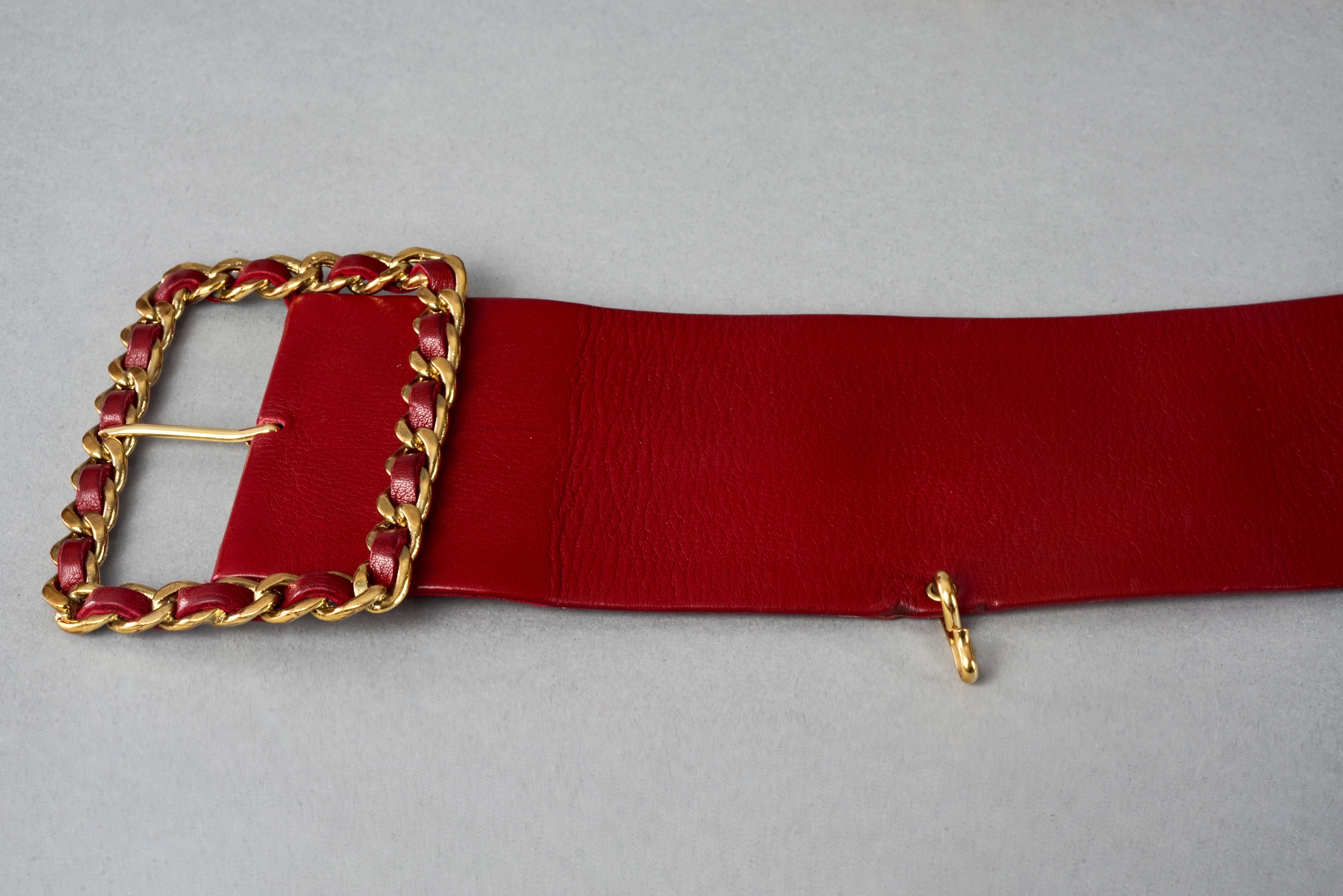 Vintage CHANEL Claudia Schiffer Wide Long Chain Medallion Red Leather Belt For Sale 2