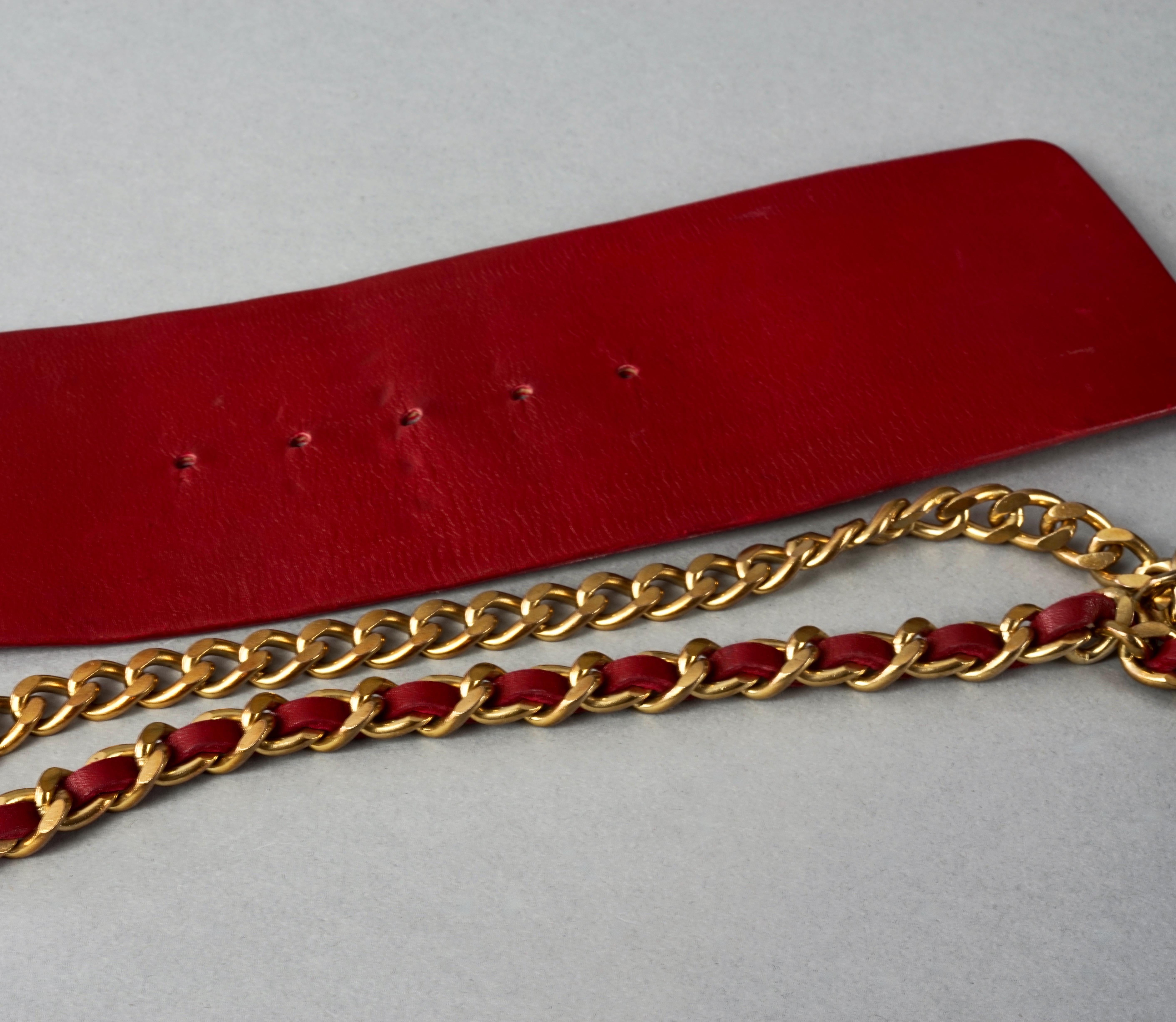 Vintage CHANEL Claudia Schiffer Wide Long Chain Medallion Red Leather Belt For Sale 4