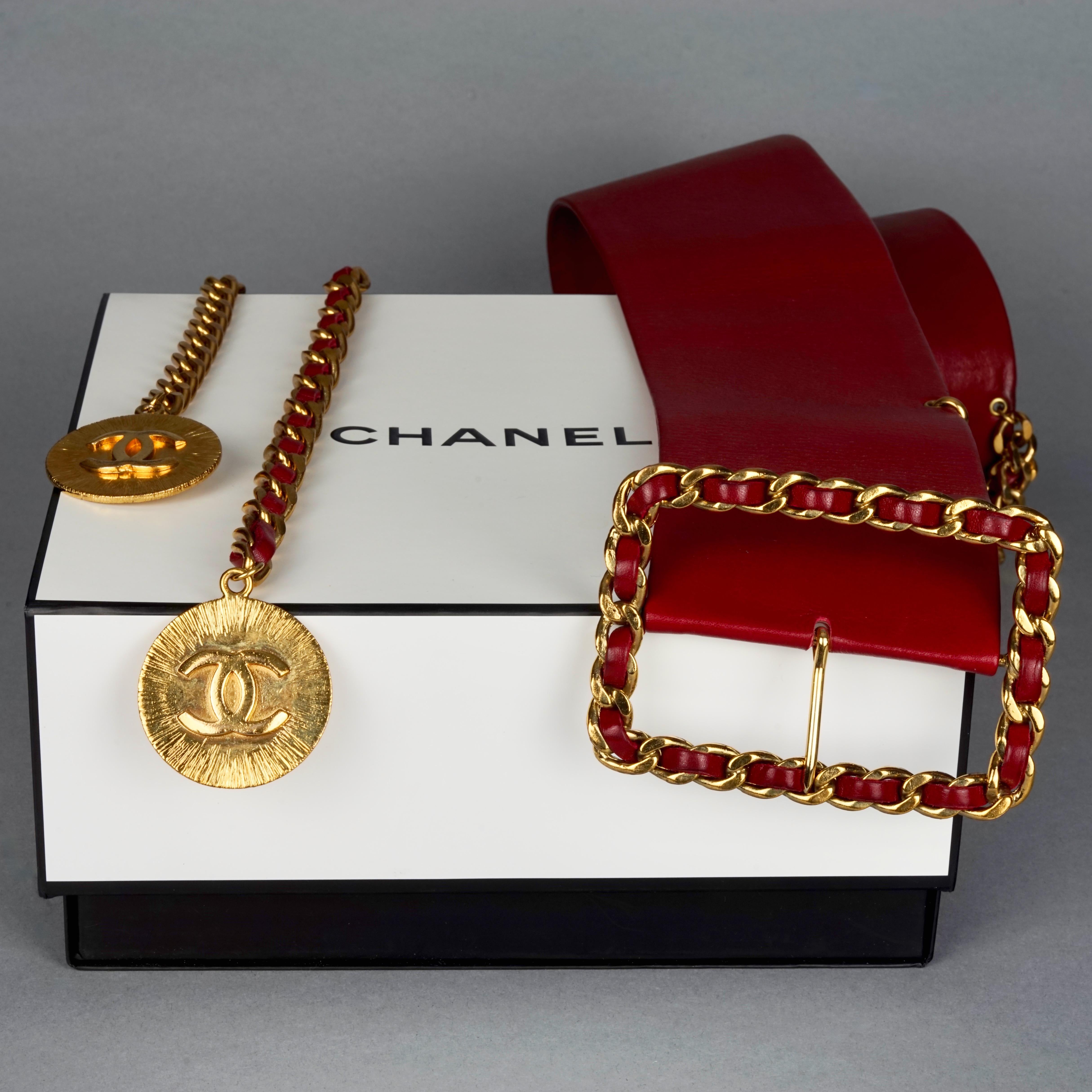 Vintage CHANEL Claudia Schiffer Wide Long Chain Medallion Red Leather Belt For Sale 5