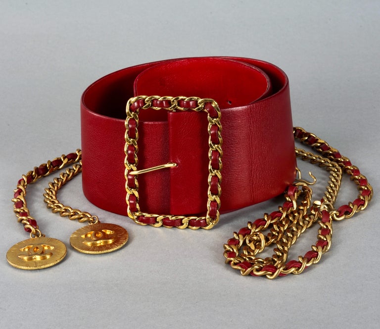 Vintage CHANEL Claudia Schiffer Wide Long Chain Medallion Red