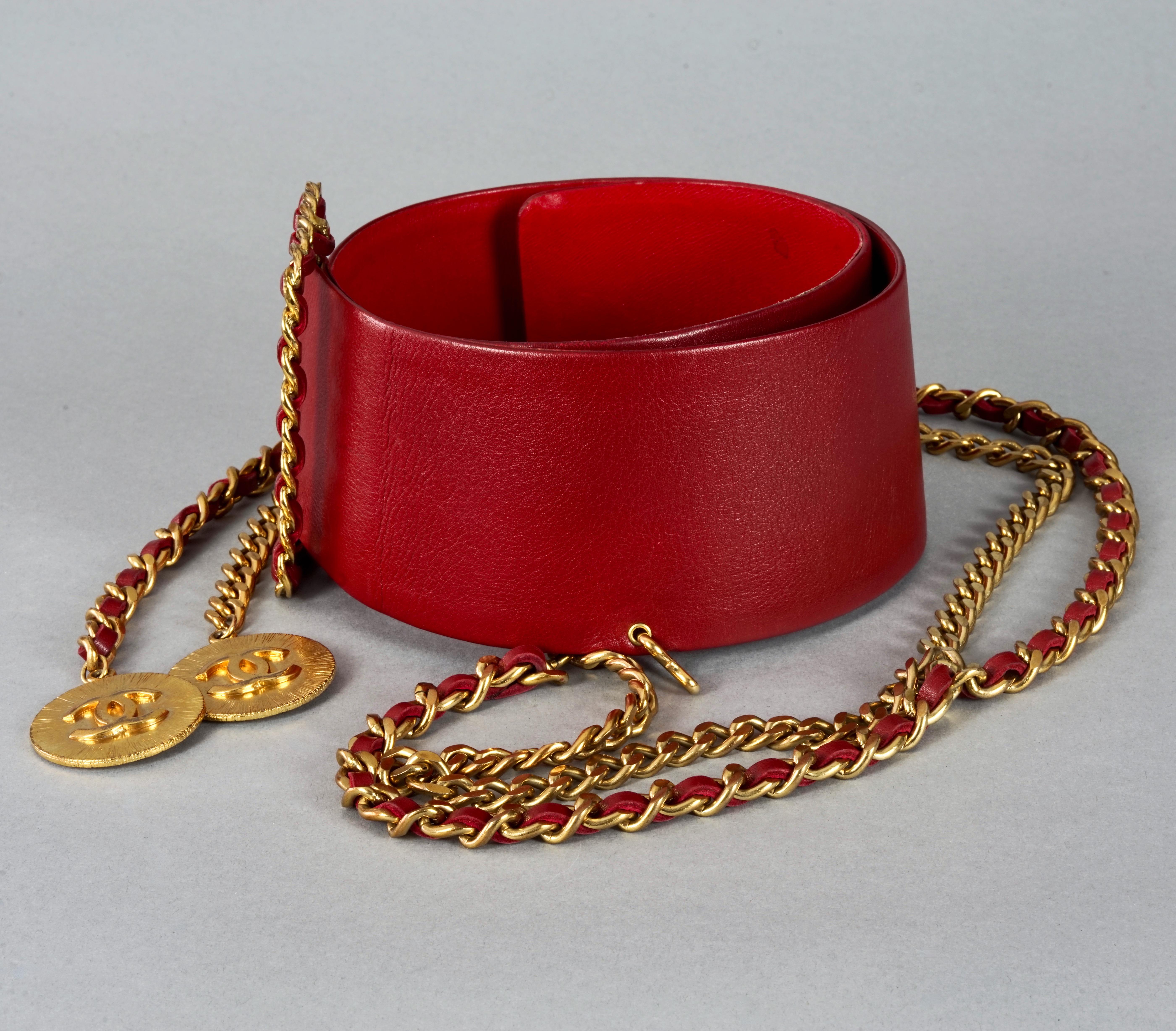 Black Vintage CHANEL Claudia Schiffer Wide Long Chain Medallion Red Leather Belt For Sale