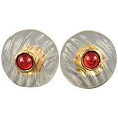 Antique CHANEL Clear Textured Lucite Gold Gem Circle Cip On Earrings