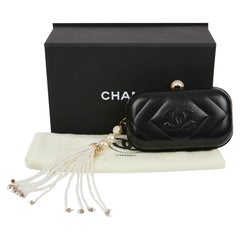 Vintage CHANEL Clutch Bag in Black Lambskin Leather and Pearl