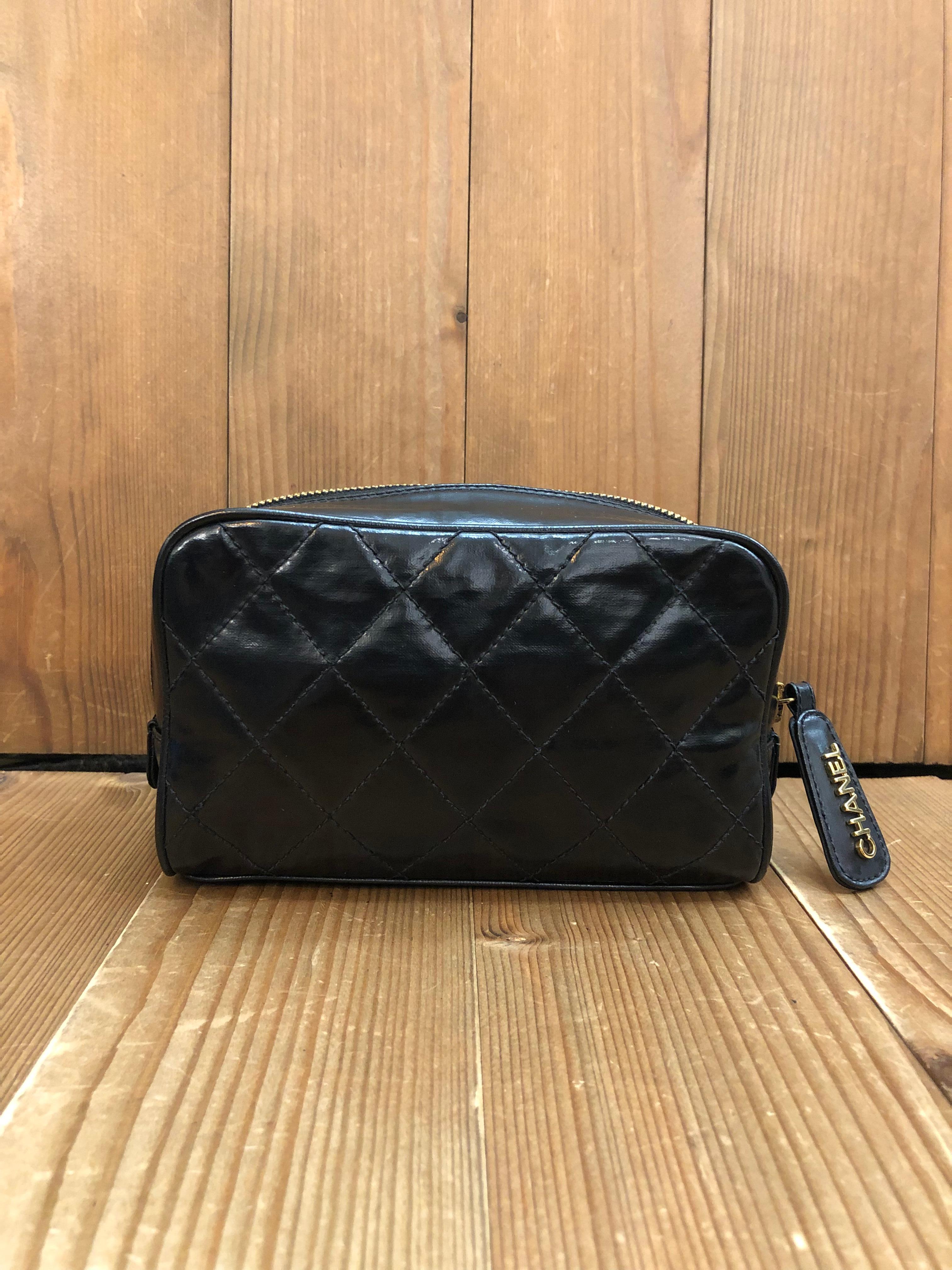 1990s Vintage CHANEL Coated Canvas Vanity Pouch Clutch Bag Black In Good Condition For Sale In Bangkok, TH