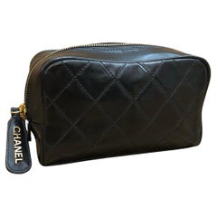 1990s Used CHANEL Coated Canvas Vanity Pouch Clutch Bag Black