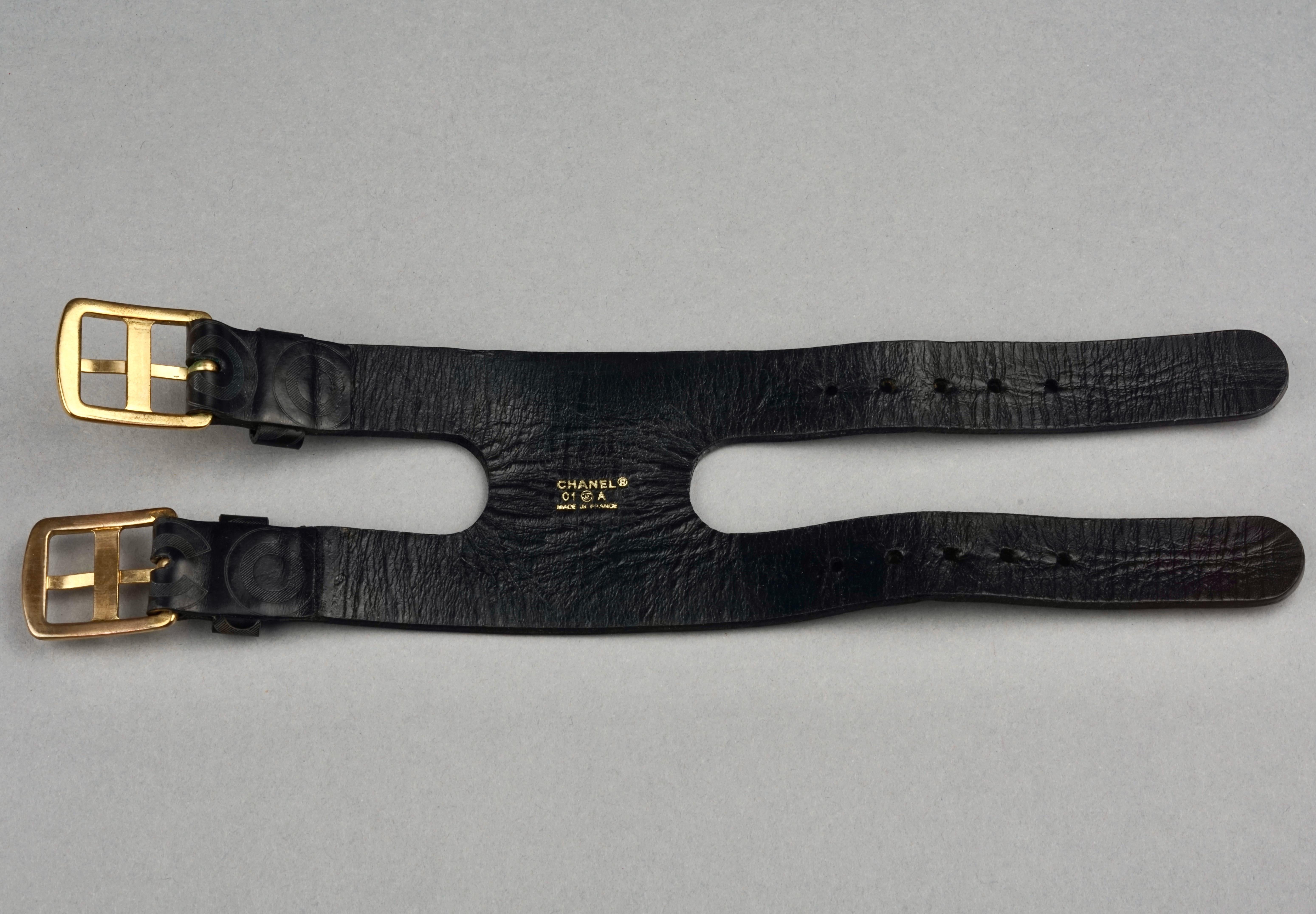 Vintage CHANEL Coco Black Leather Buckle Cuff Bracelet 8