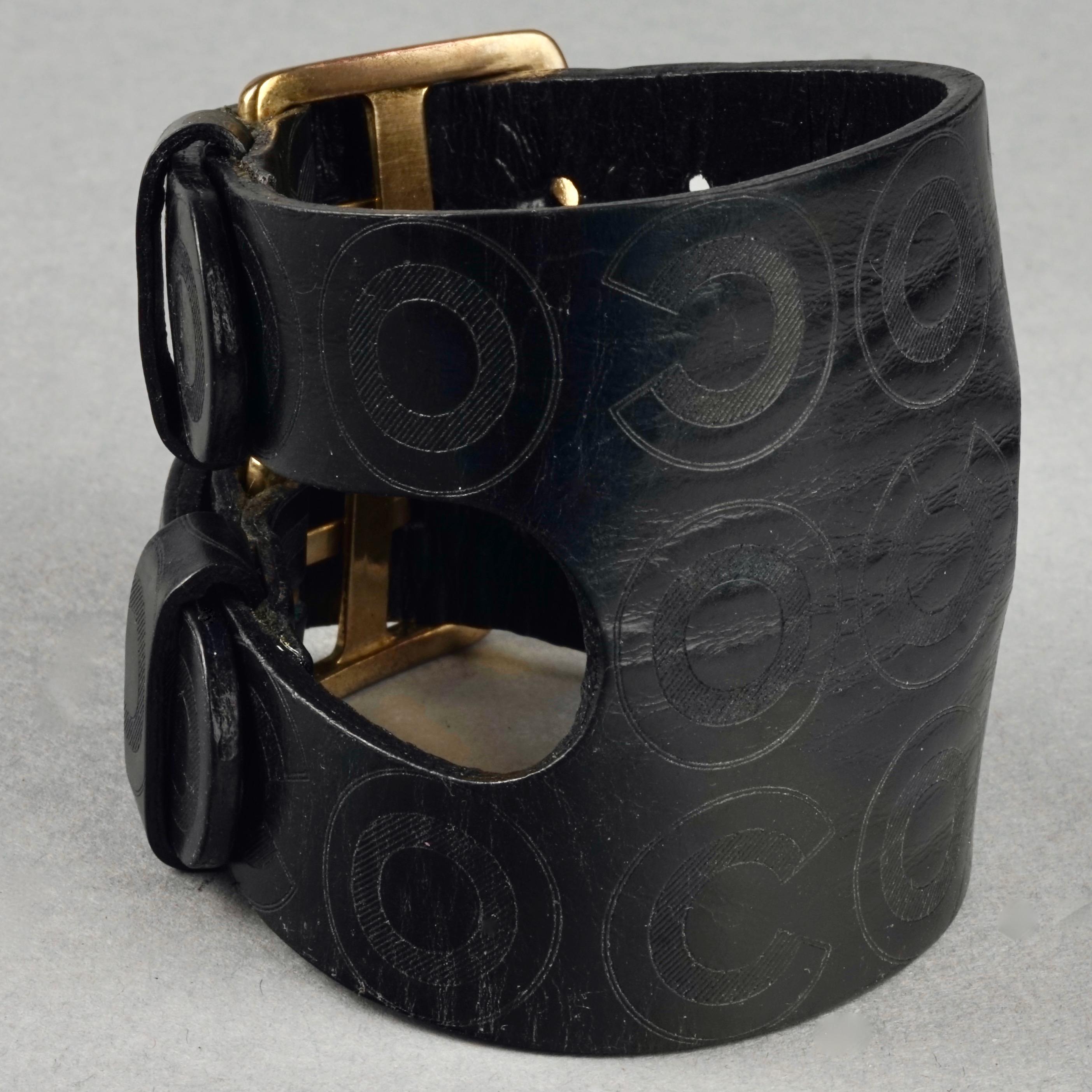 Women's Vintage CHANEL Coco Black Leather Buckle Cuff Bracelet