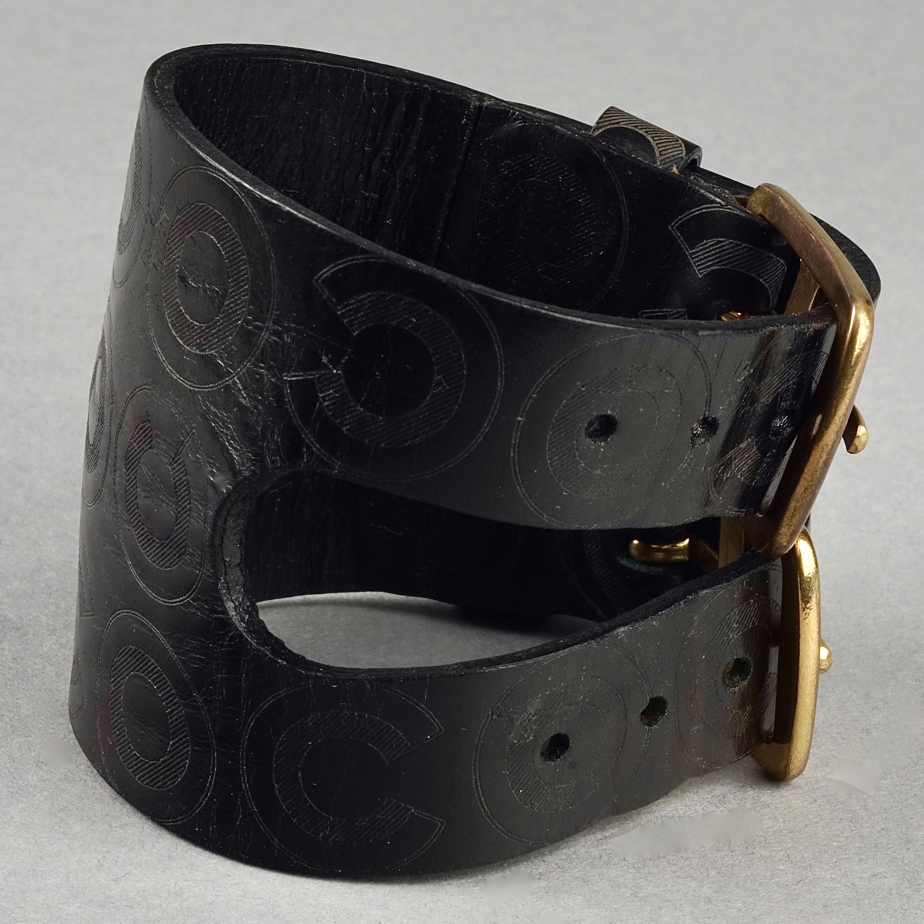 Vintage CHANEL Coco Black Leather Buckle Cuff Bracelet 2