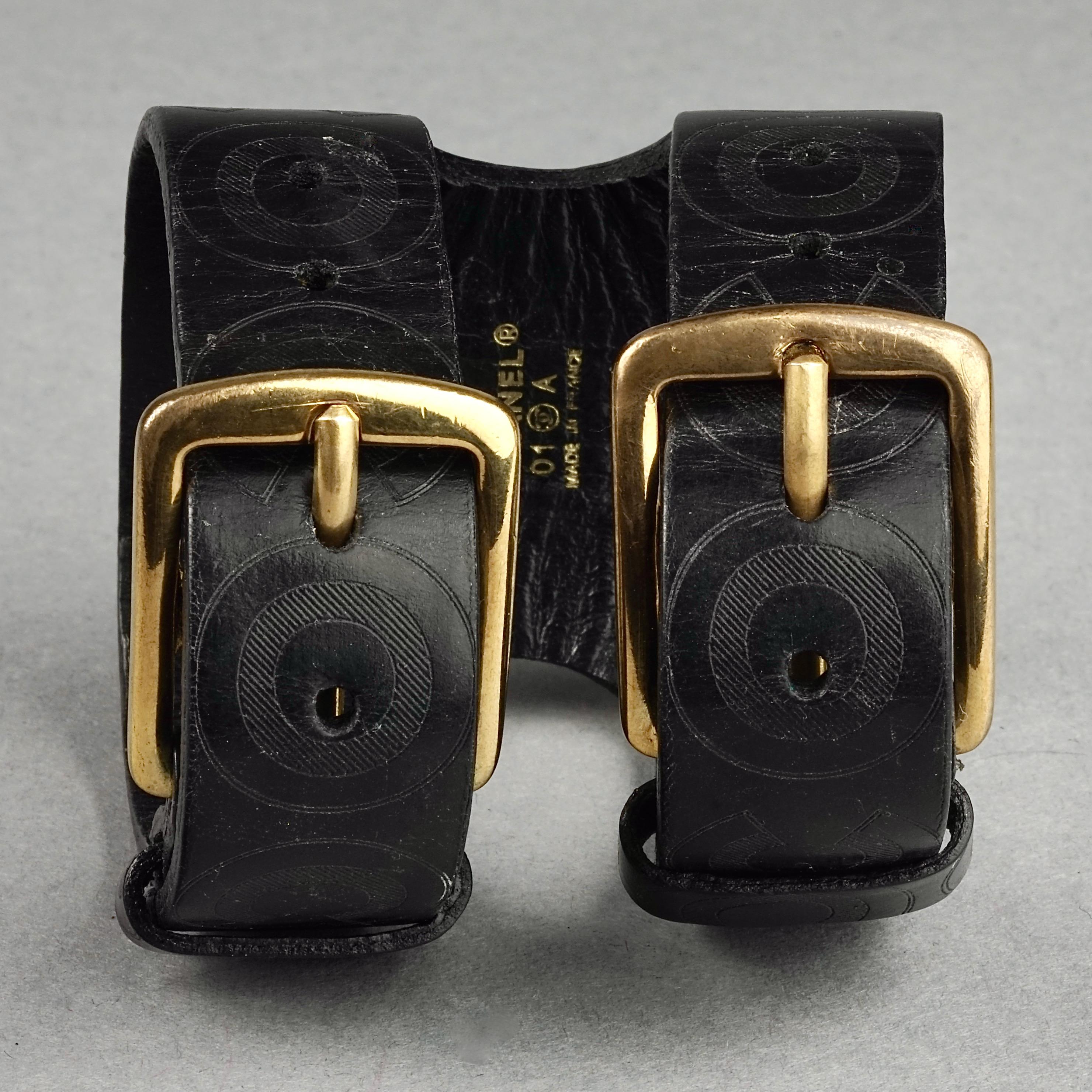 Vintage CHANEL Coco Black Leather Buckle Cuff Bracelet 3
