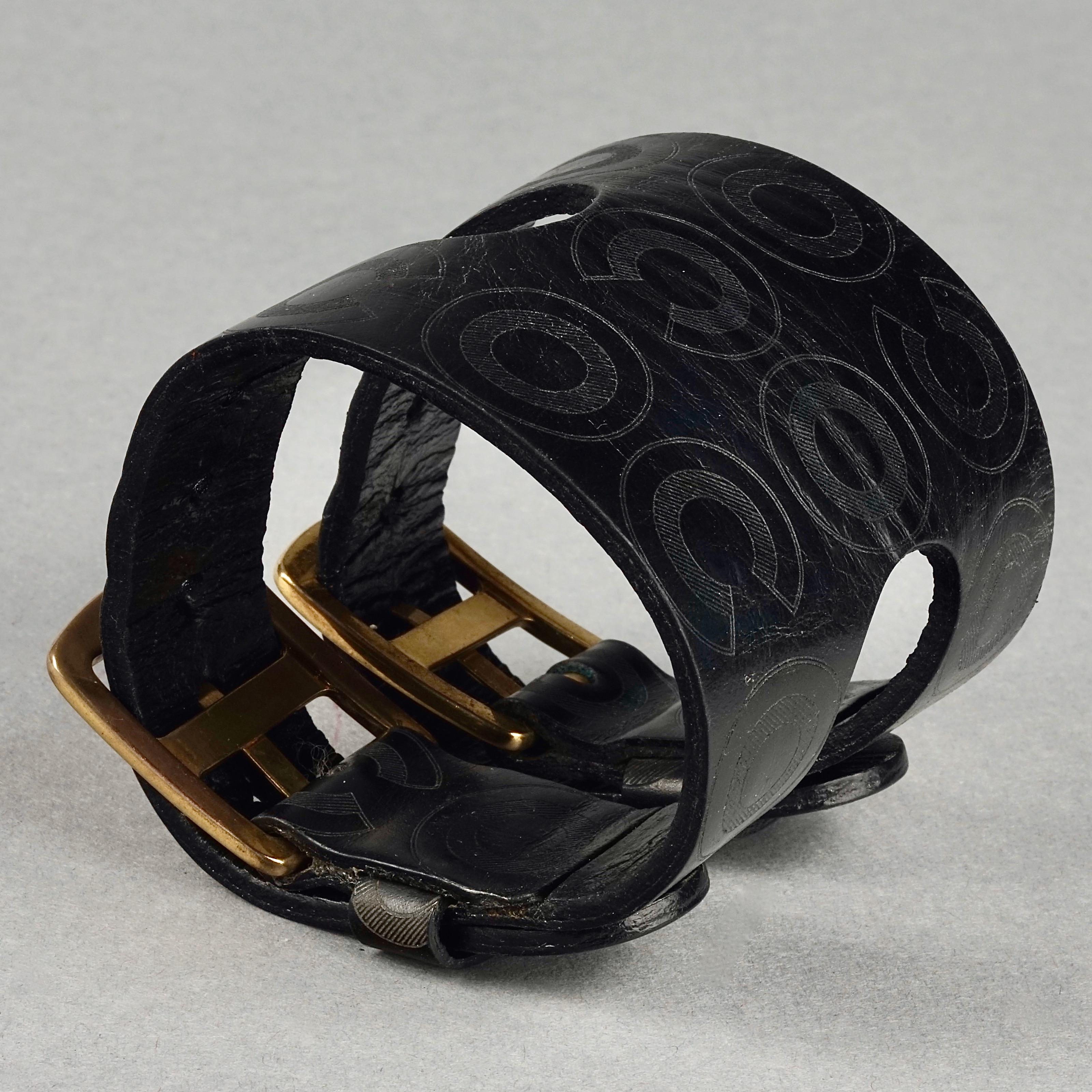 Vintage CHANEL Coco Black Leather Buckle Cuff Bracelet 4