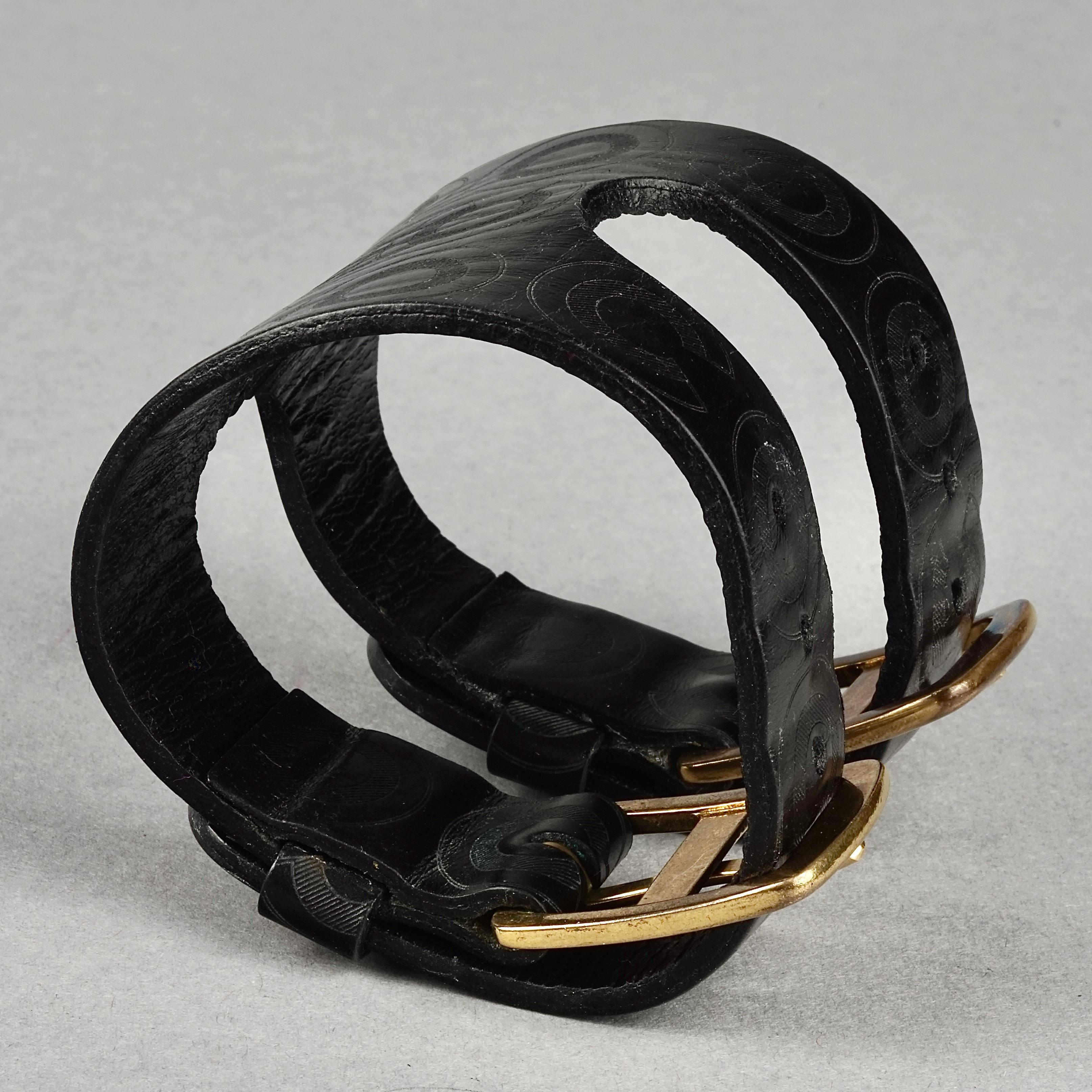 Vintage CHANEL Coco Black Leather Buckle Cuff Bracelet 5