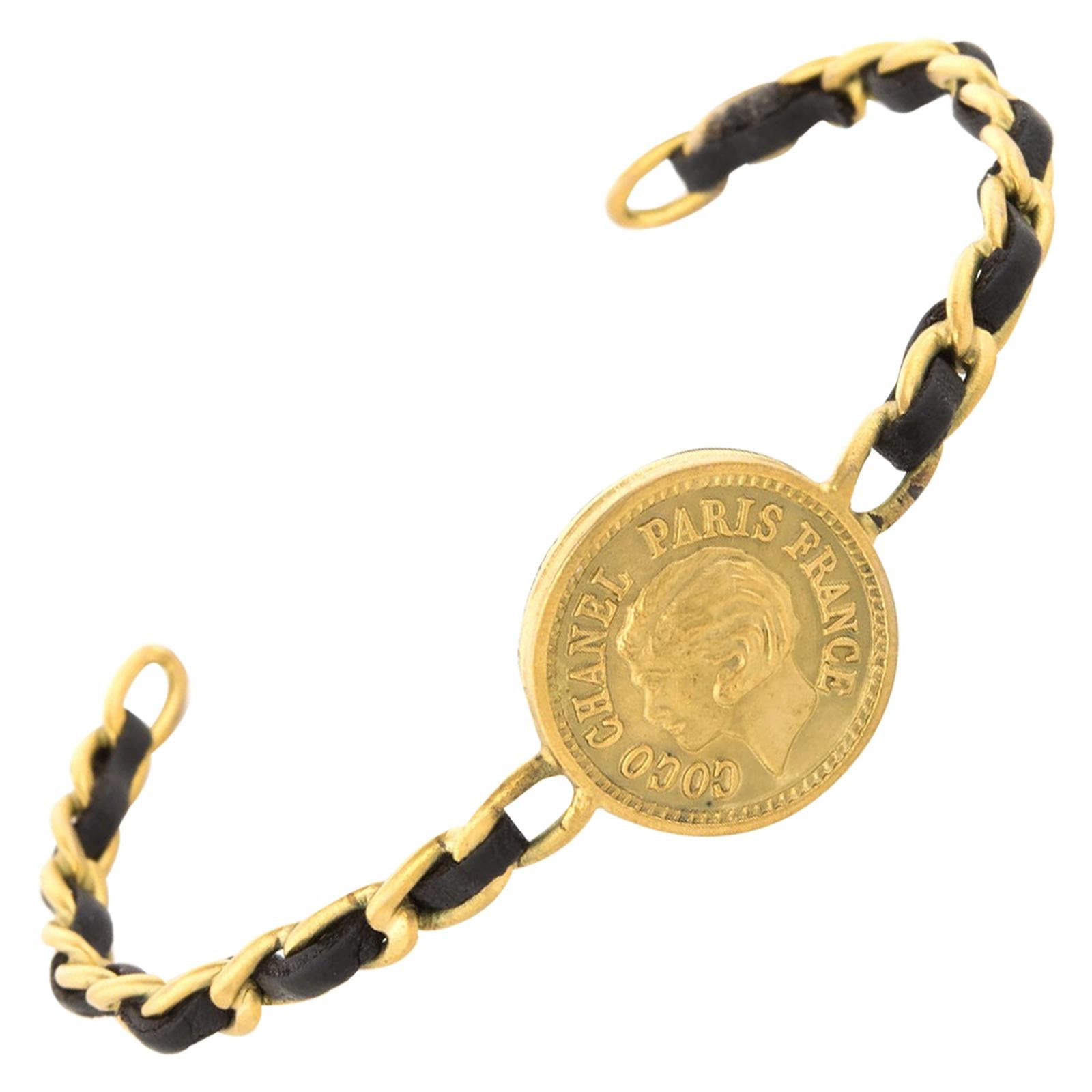 Vintage Chanel Coco Coin Cuff c1995 Chain Link Leather Bracelet Yellow Gold Tone For Sale
