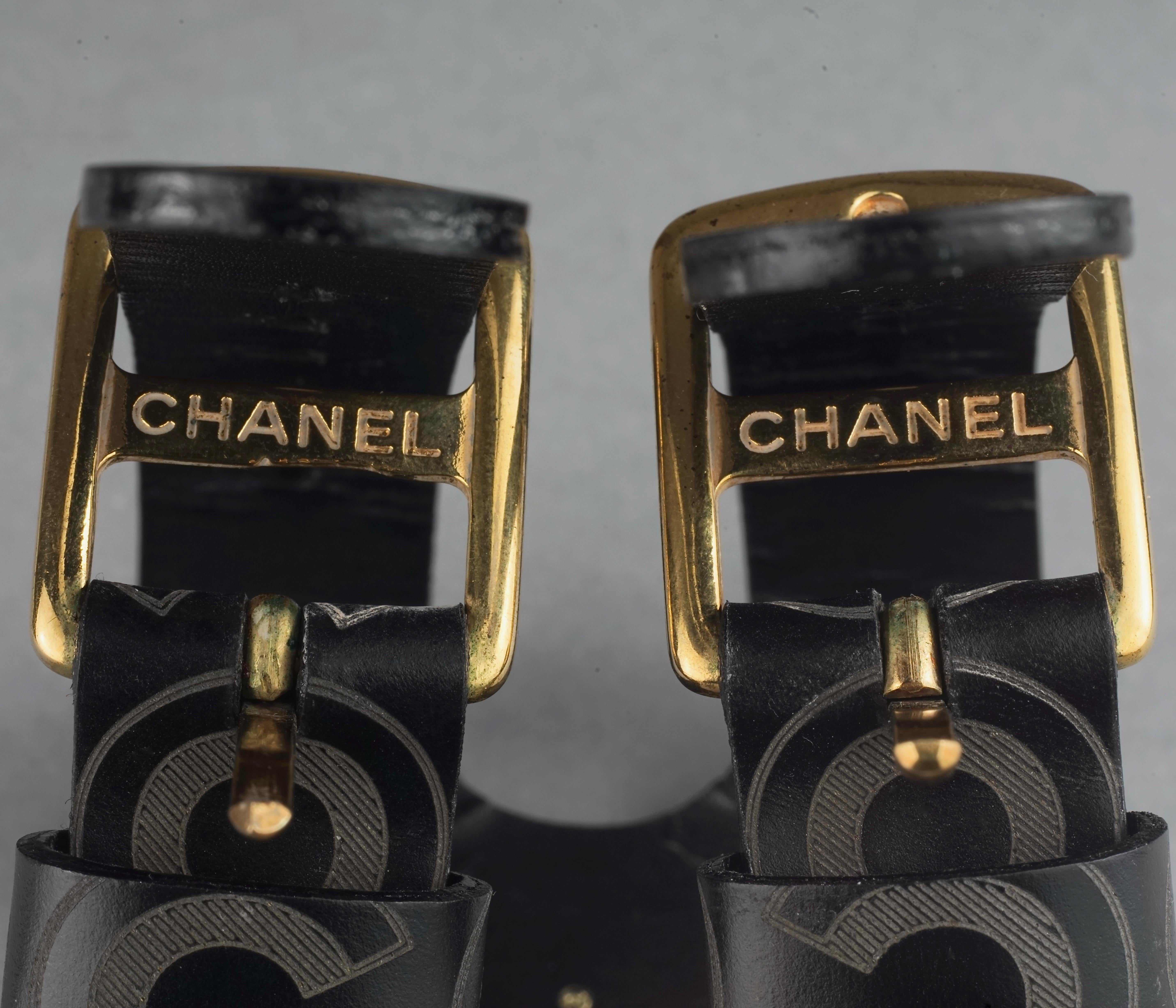 Vintage CHANEL Coco Double Buckle Black Leather Cuff Bracelet For Sale 3