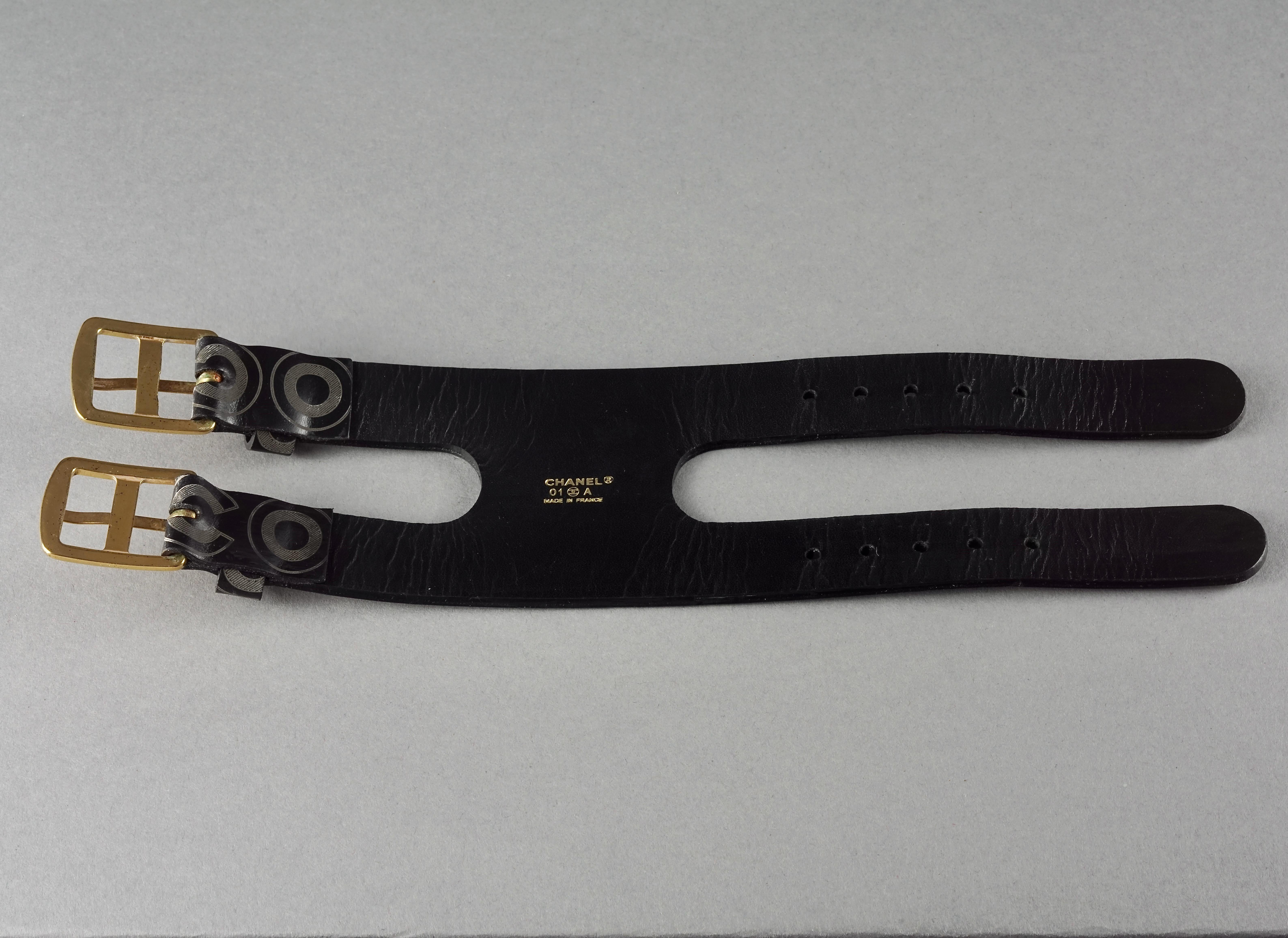Vintage CHANEL Coco Double Buckle Black Leather Cuff Bracelet For Sale 7