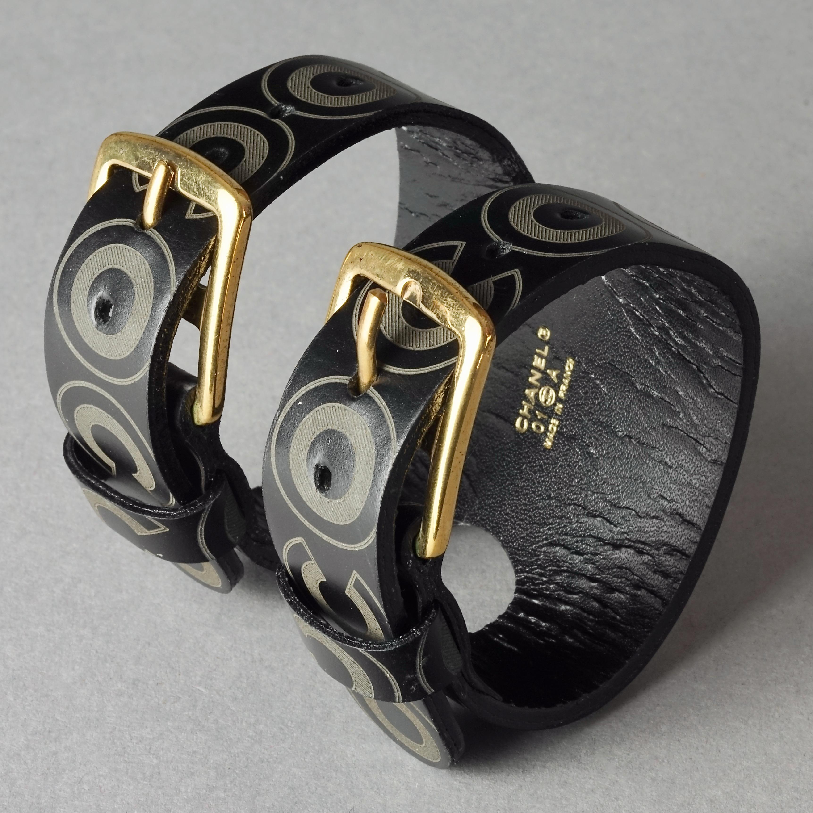 Women's Vintage CHANEL Coco Double Buckle Black Leather Cuff Bracelet For Sale