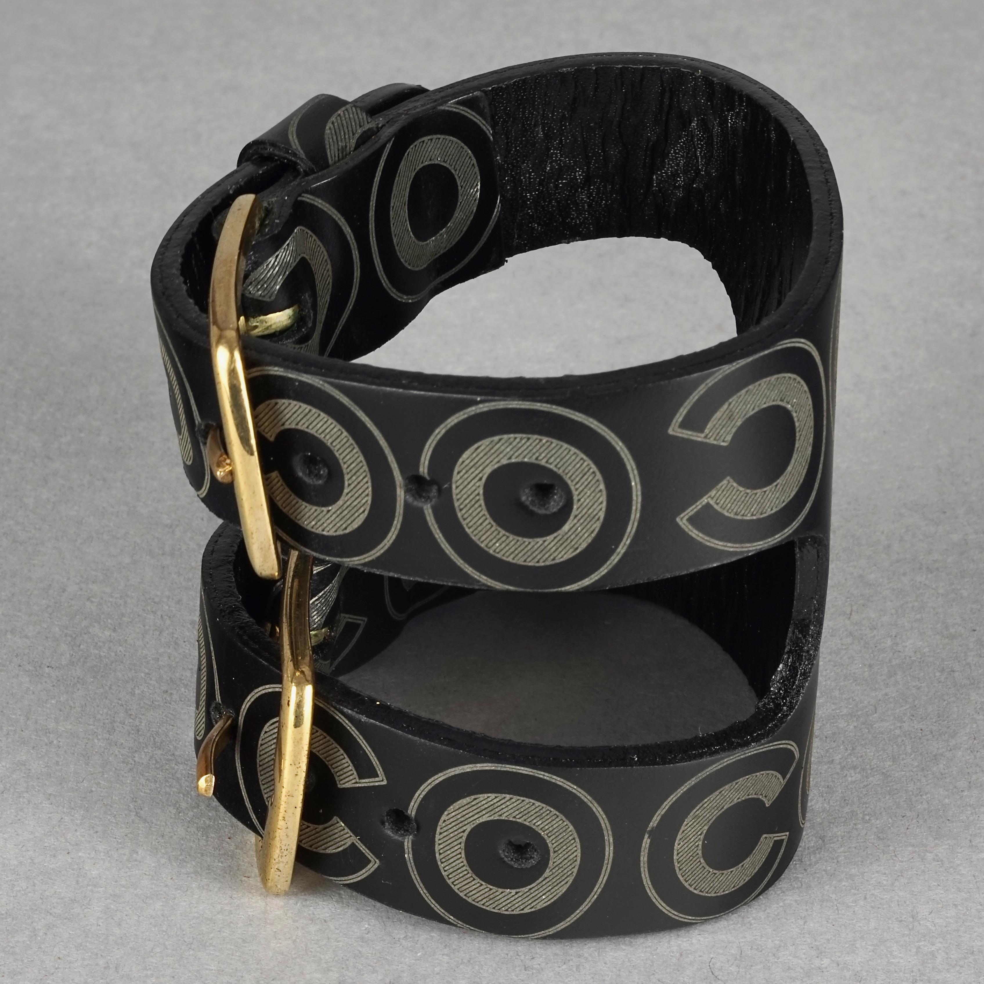 Vintage CHANEL Coco Double Buckle Black Leather Cuff Bracelet For Sale 1