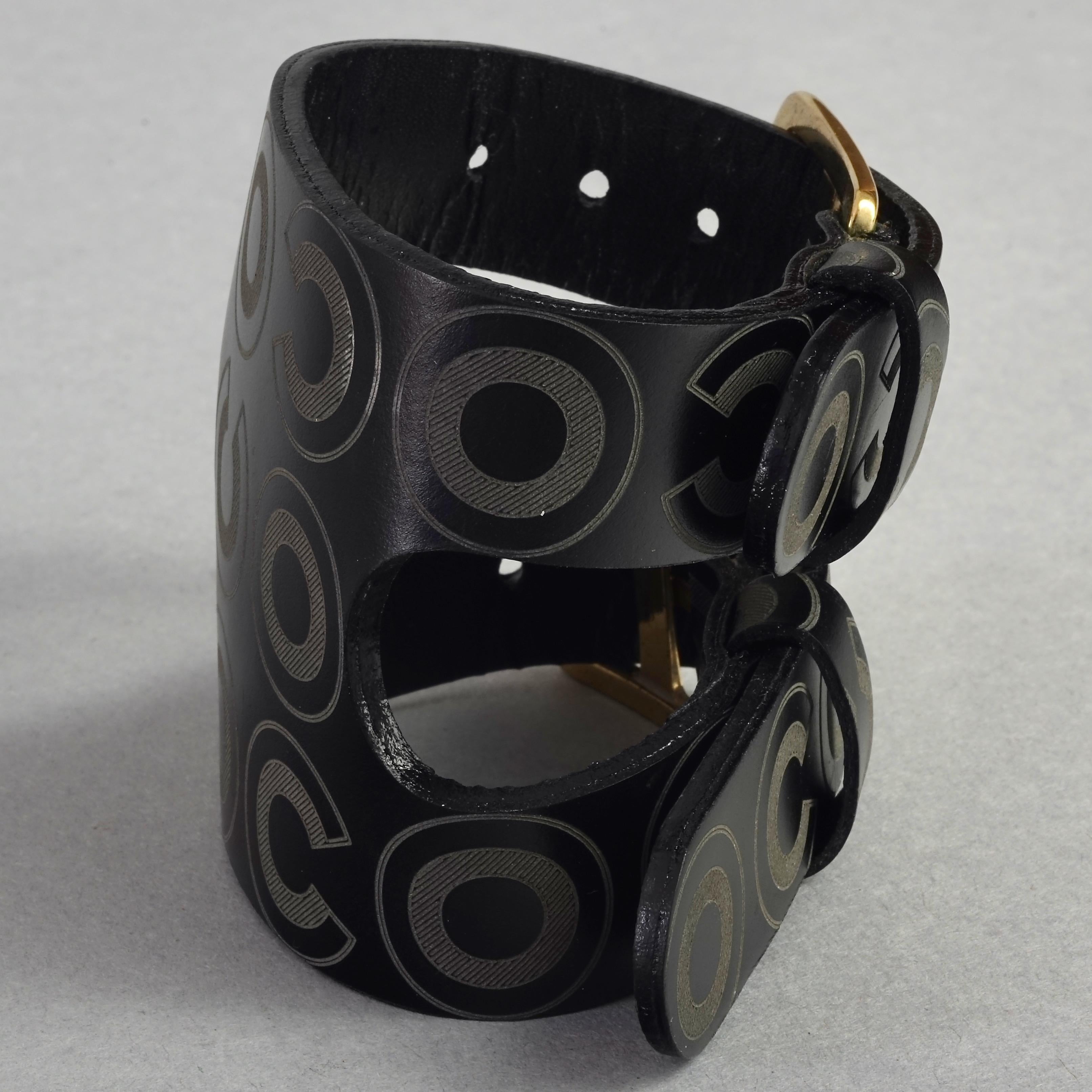 Vintage CHANEL Coco Double Buckle Black Leather Cuff Bracelet For Sale 2