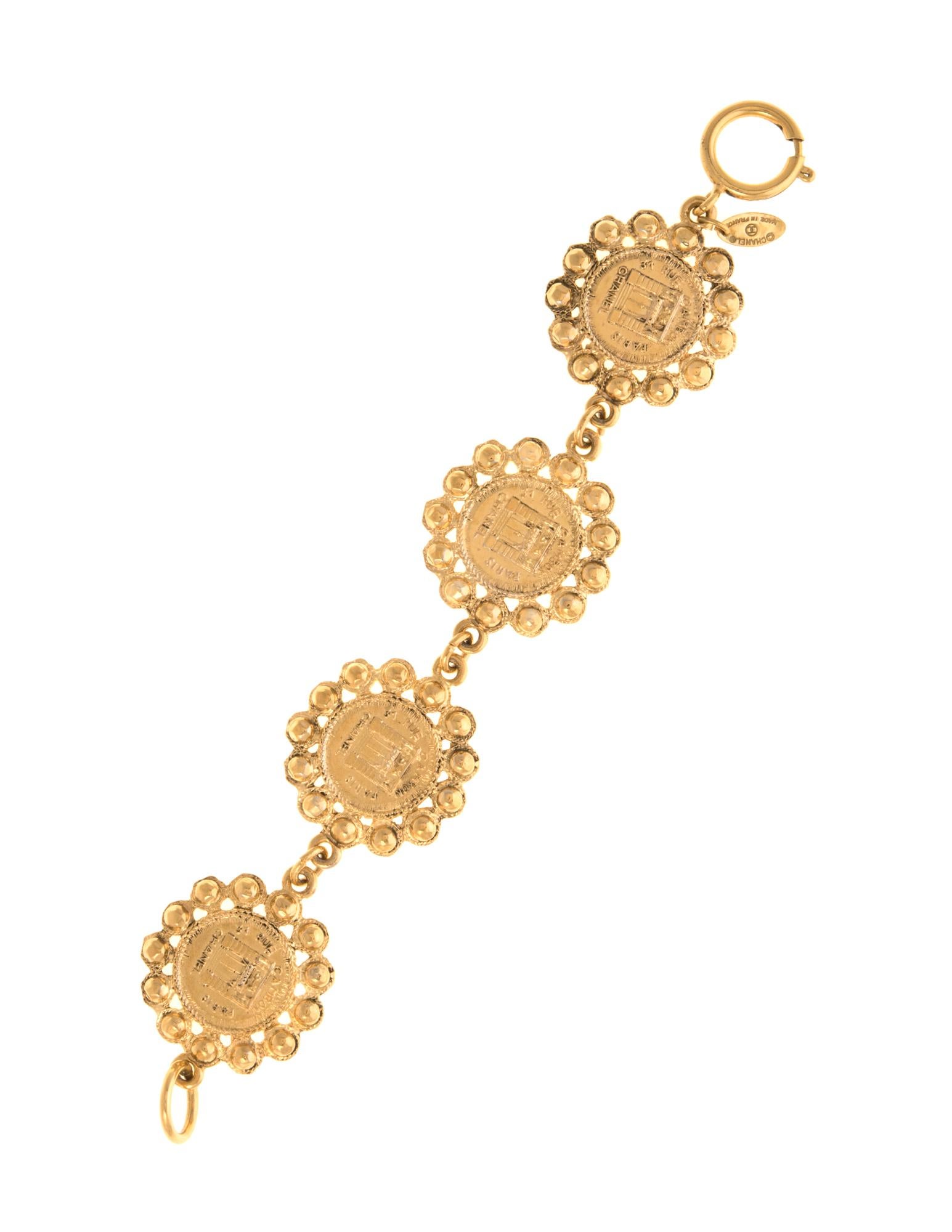 Modern Vintage Chanel Coin Bracelet 1980s Medallion Yellow Gold Tone 31 Rue Cambon For Sale