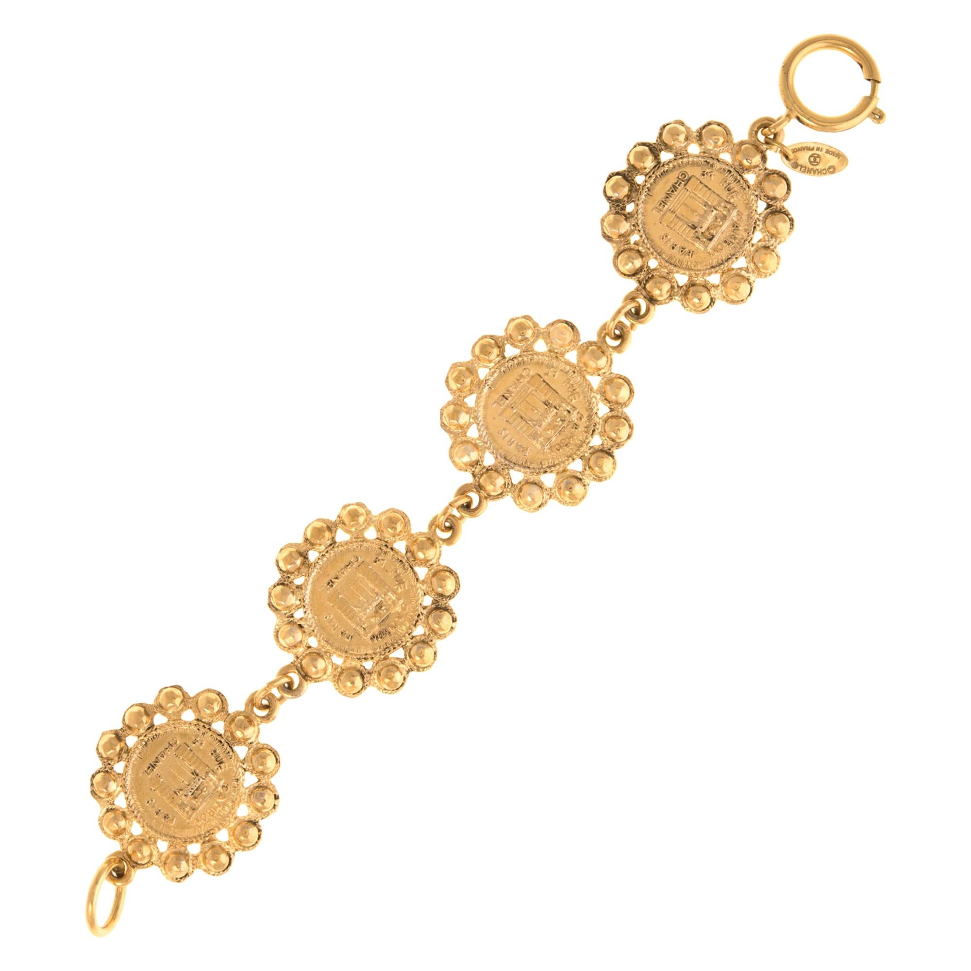 Vintage Chanel Coin Bracelet 1980s Medallion Yellow Gold Tone 31 Rue Cambon For Sale