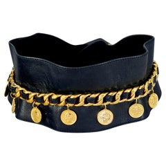 Vintage CHANEL Coin Charm Chain and Leather Corset Wide Obi Belt