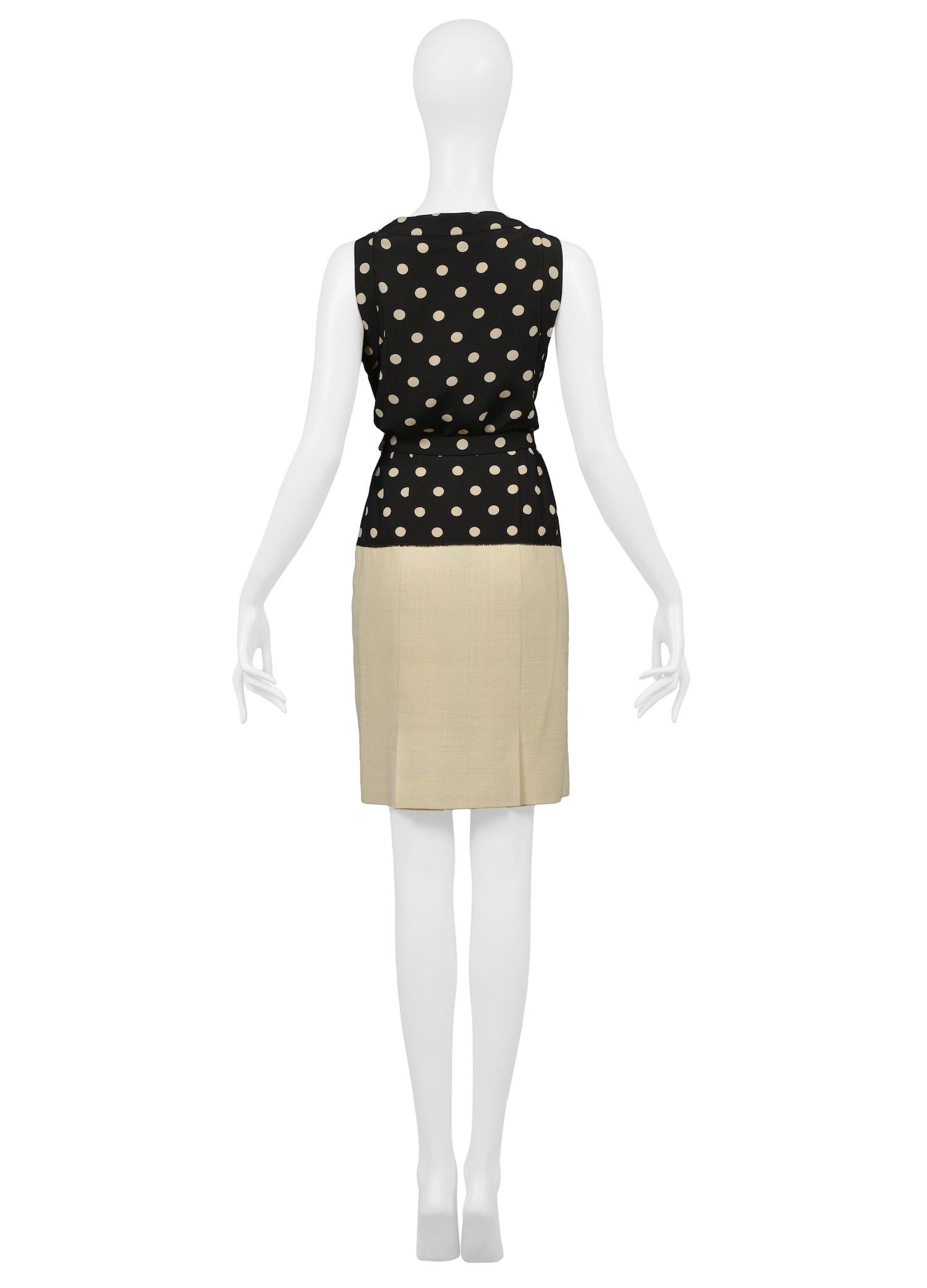 Beige Vintage Chanel Cream Linen Polka Dot Skirt Suit