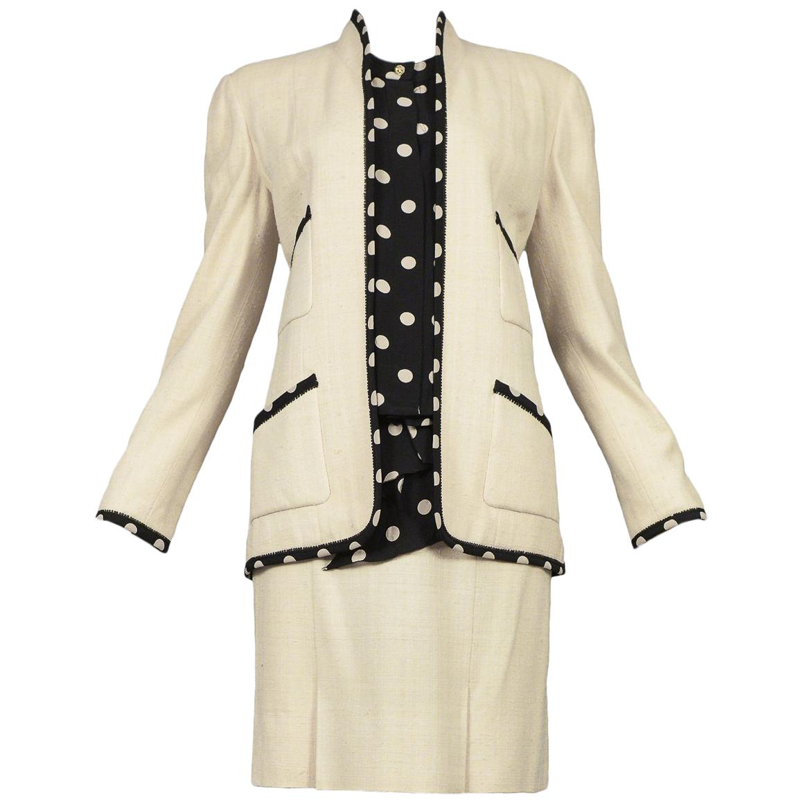 Vintage Chanel Cream Linen Polka Dot Skirt Suit