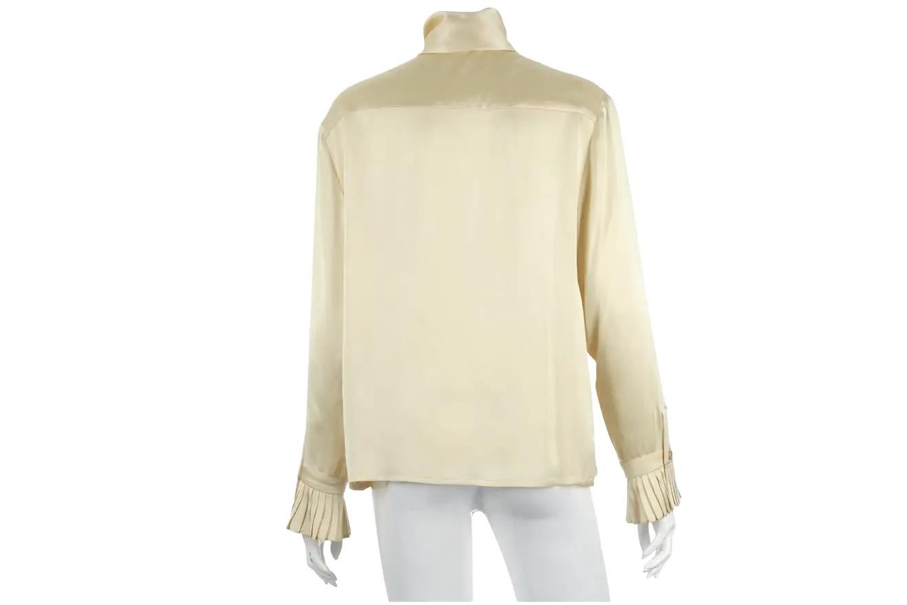 Women's Vintage Chanel Cream Silk Charmeuse Blouse w/Neckties & Pleated Trim For Sale