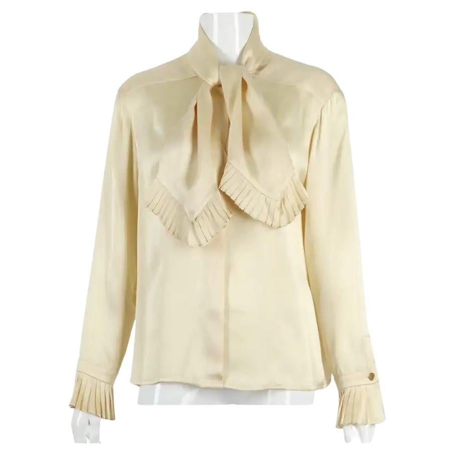 Vintage Chanel Cream Silk Charmeuse Blouse w/Neckties & Pleated Trim For Sale