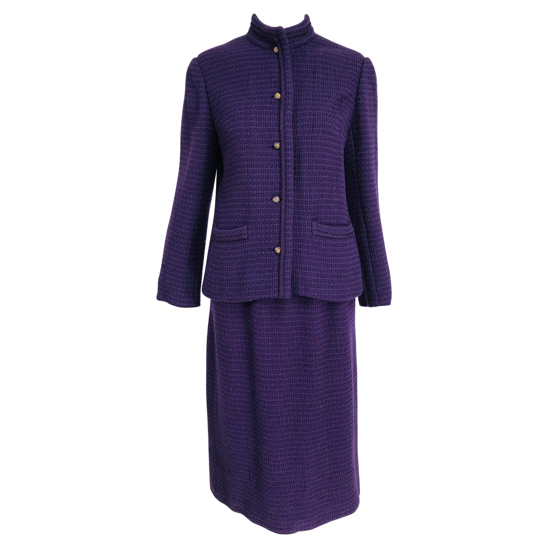 Vintage Chanel Creations Textured Purple Wool Skirt Suit 1970s