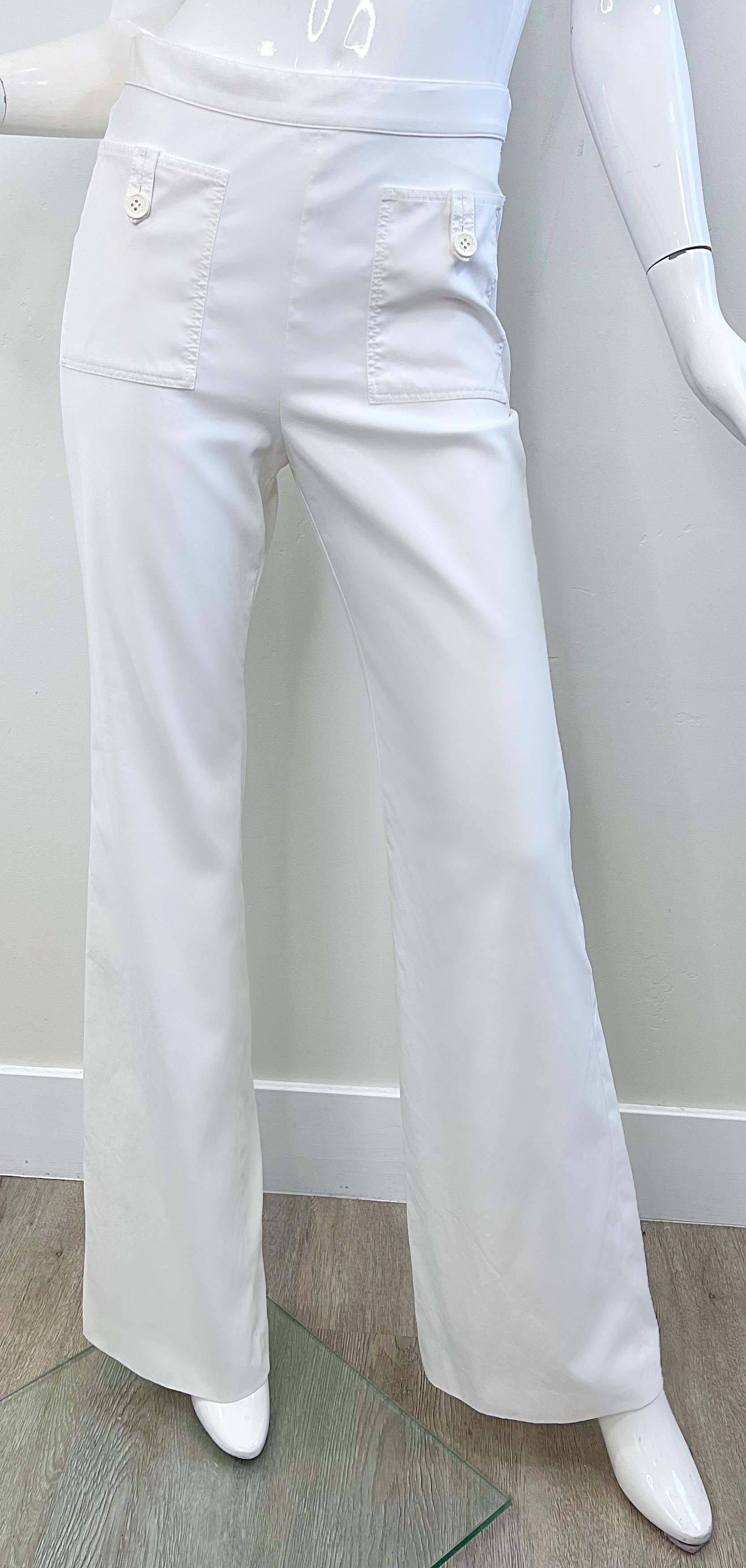 Vintage Chanel Cruise 2004 Sz 40 White High Waist Wide Leg Cotton Sailor Pants 6
