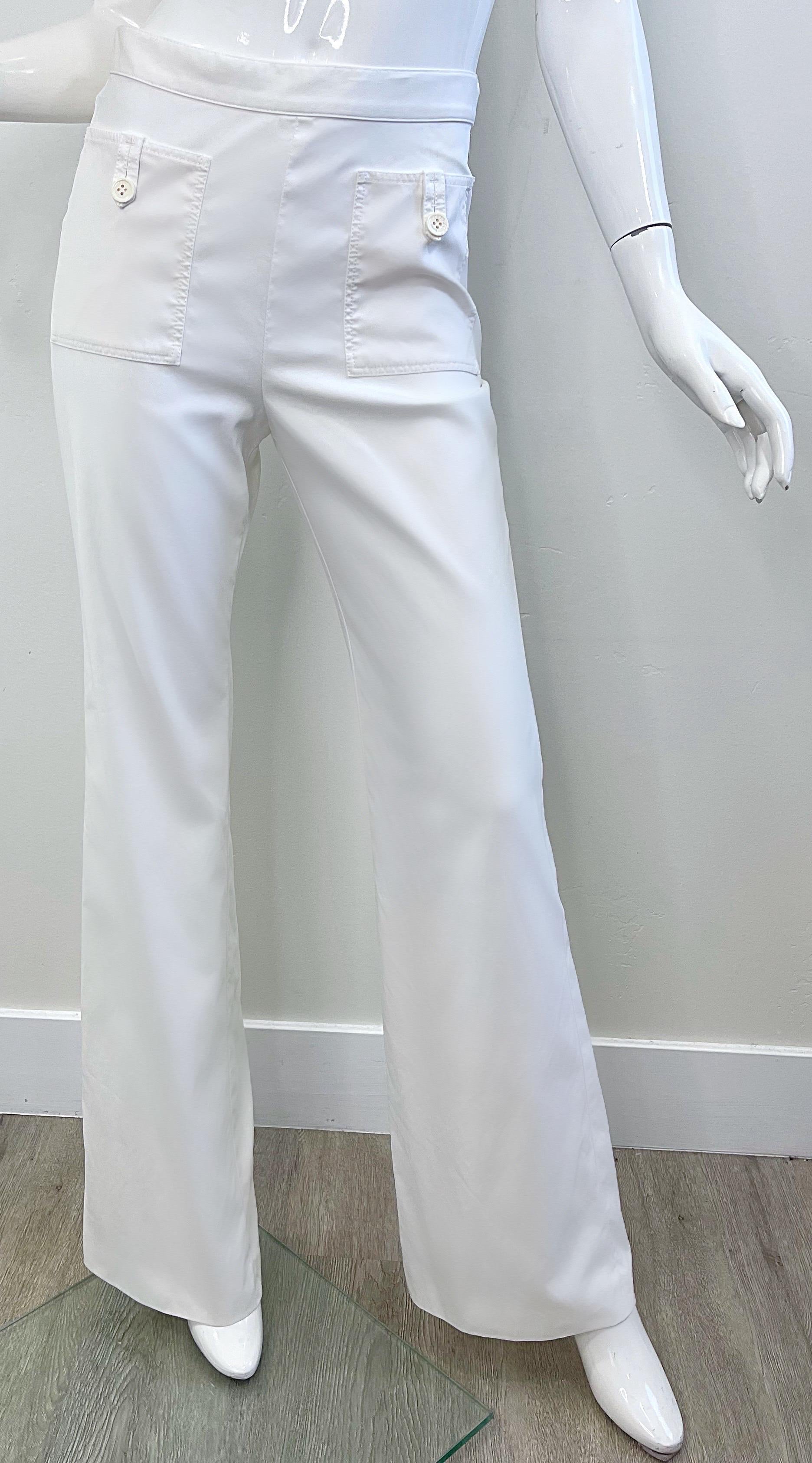 Gray Vintage Chanel Cruise 2004 Sz 40 White High Waist Wide Leg Cotton Sailor Pants