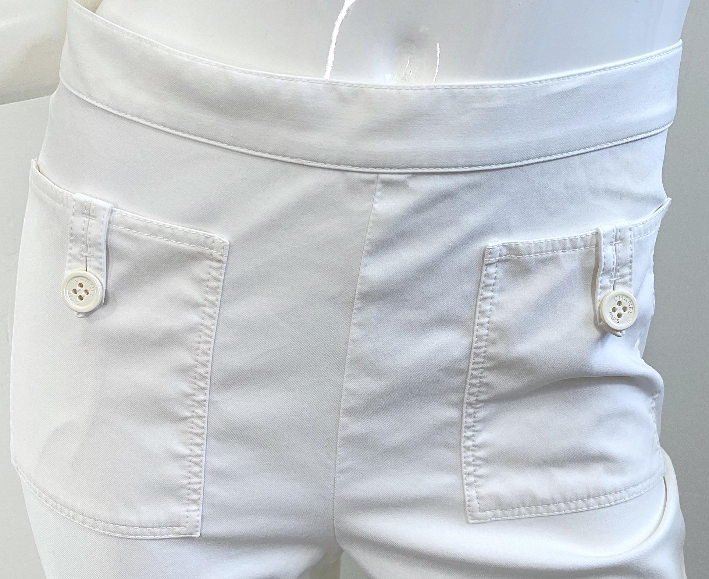 Women's Vintage Chanel Cruise 2004 Sz 40 White High Waist Wide Leg Cotton Sailor Pants