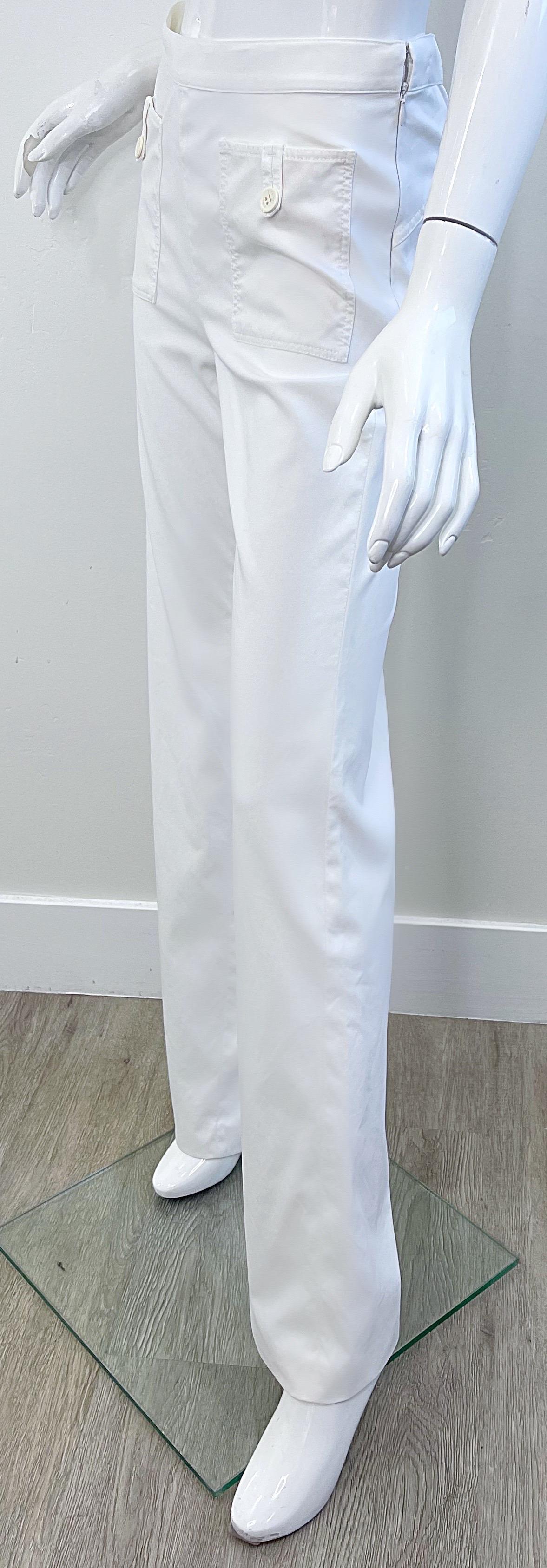 Vintage Chanel Cruise 2004 Sz 40 White High Waist Wide Leg Cotton Sailor Pants 3