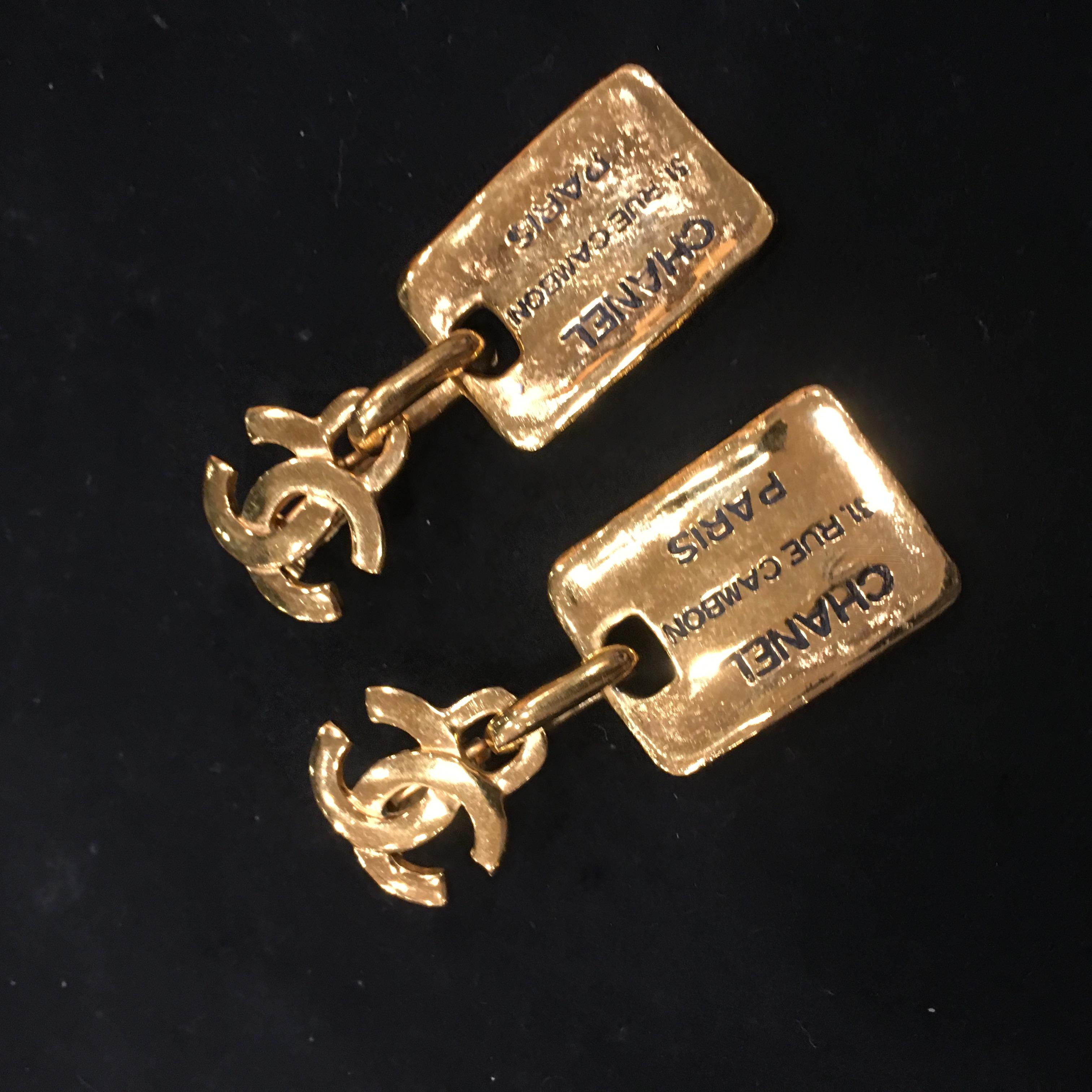 Women's Vintage Chanel Custom Gilt Metal Large CC Logo Dangle Clip Earrings, 1980's