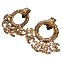 Vintage Chanel Custom Gilt Metal Large CC Logo Dangle Clip Earrings 1994