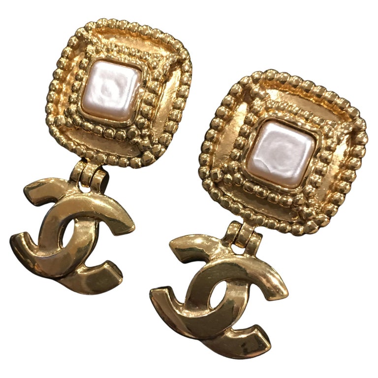 Vintage Chanel Custom Gilt Metal Square Faux Pearl Dangle Clip Earrings 1994