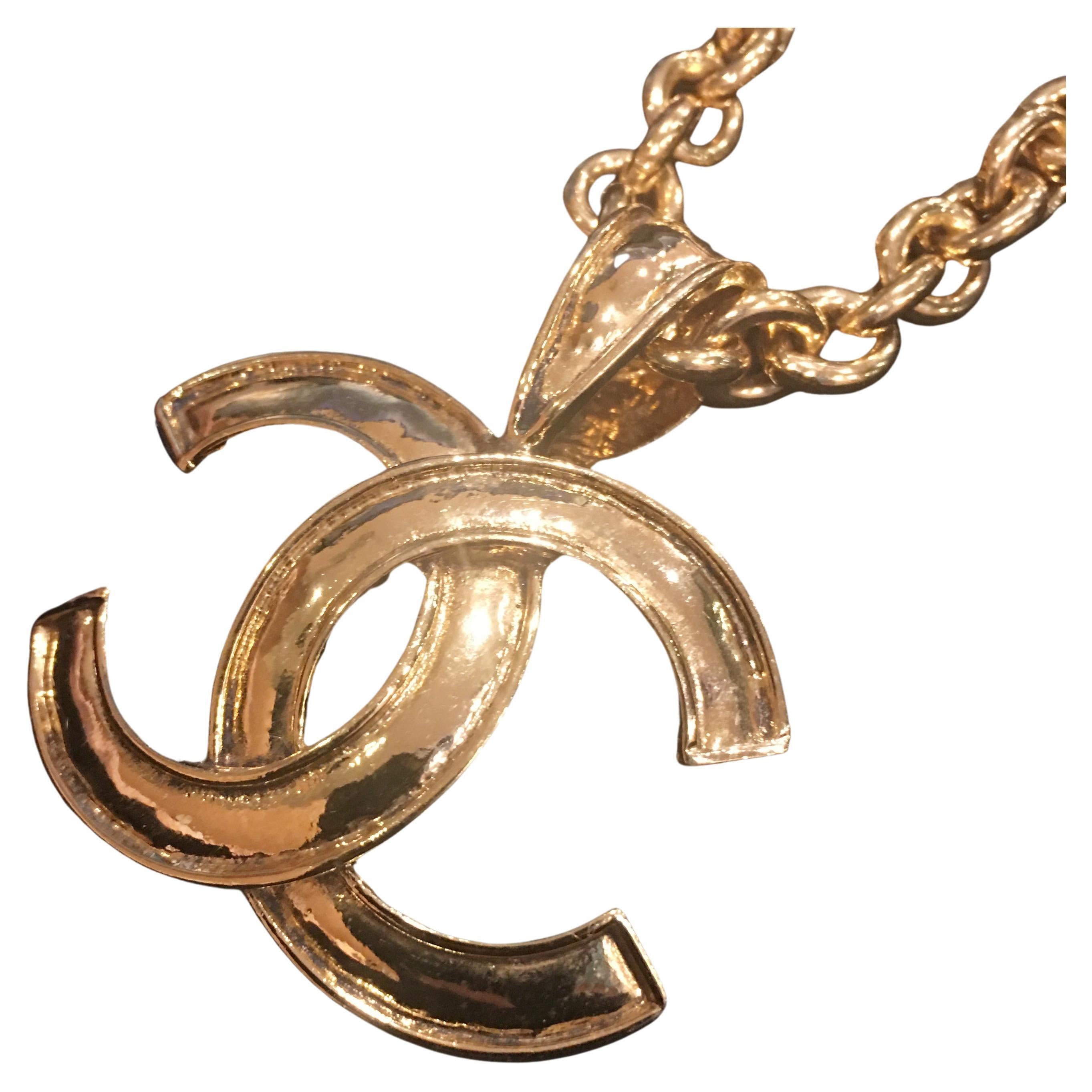 Vintage Chanel Custom Gold Plated Large CC Logo Pendant Short Necklace 1994