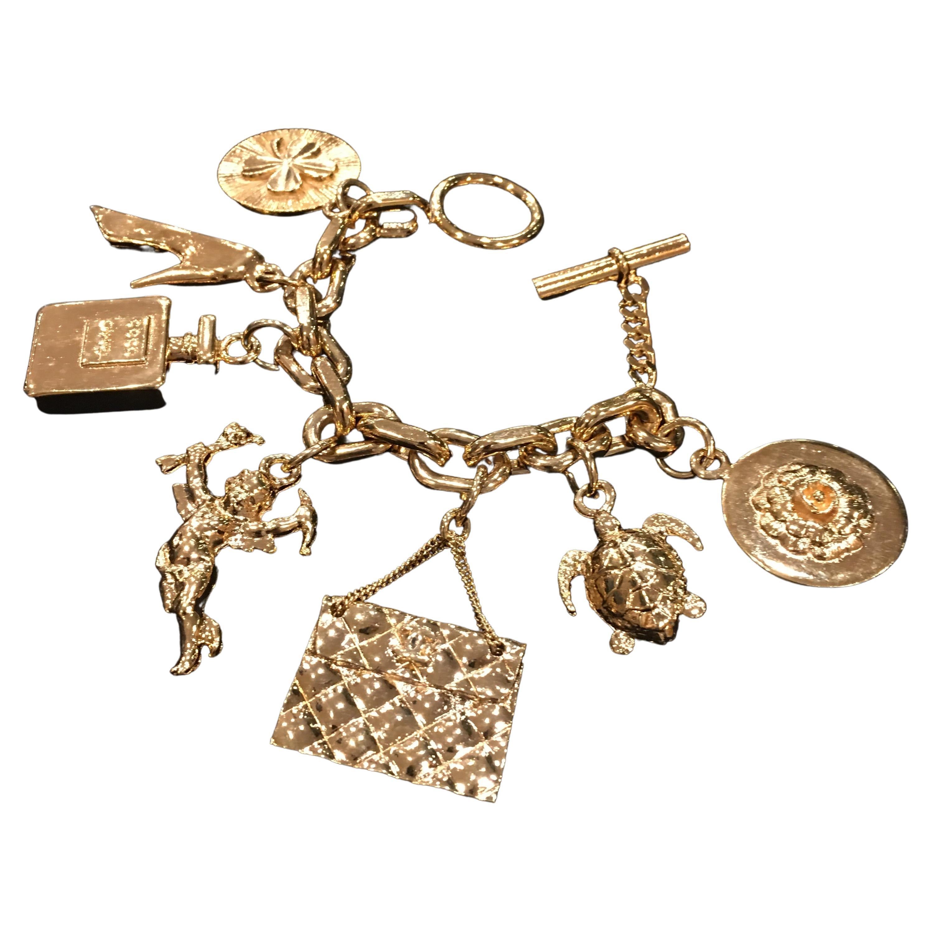 Vintage Chanel Custom Gold Plated Large Charms Turtle Perfume Bracelet 1980's