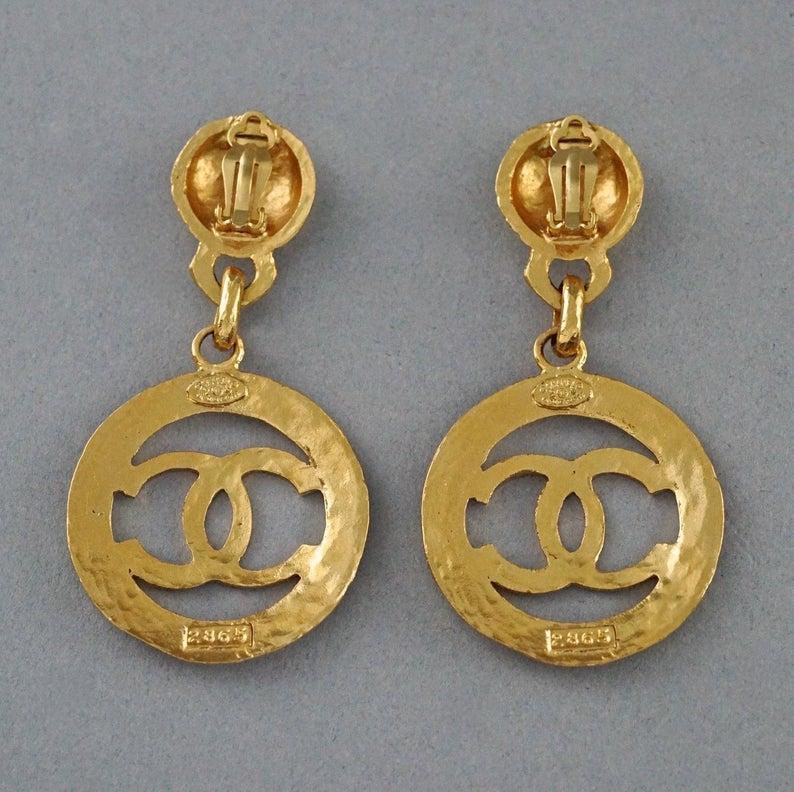 Vintage CHANEL Cutout Logo Medallion Hammered Dangling Earrings 2