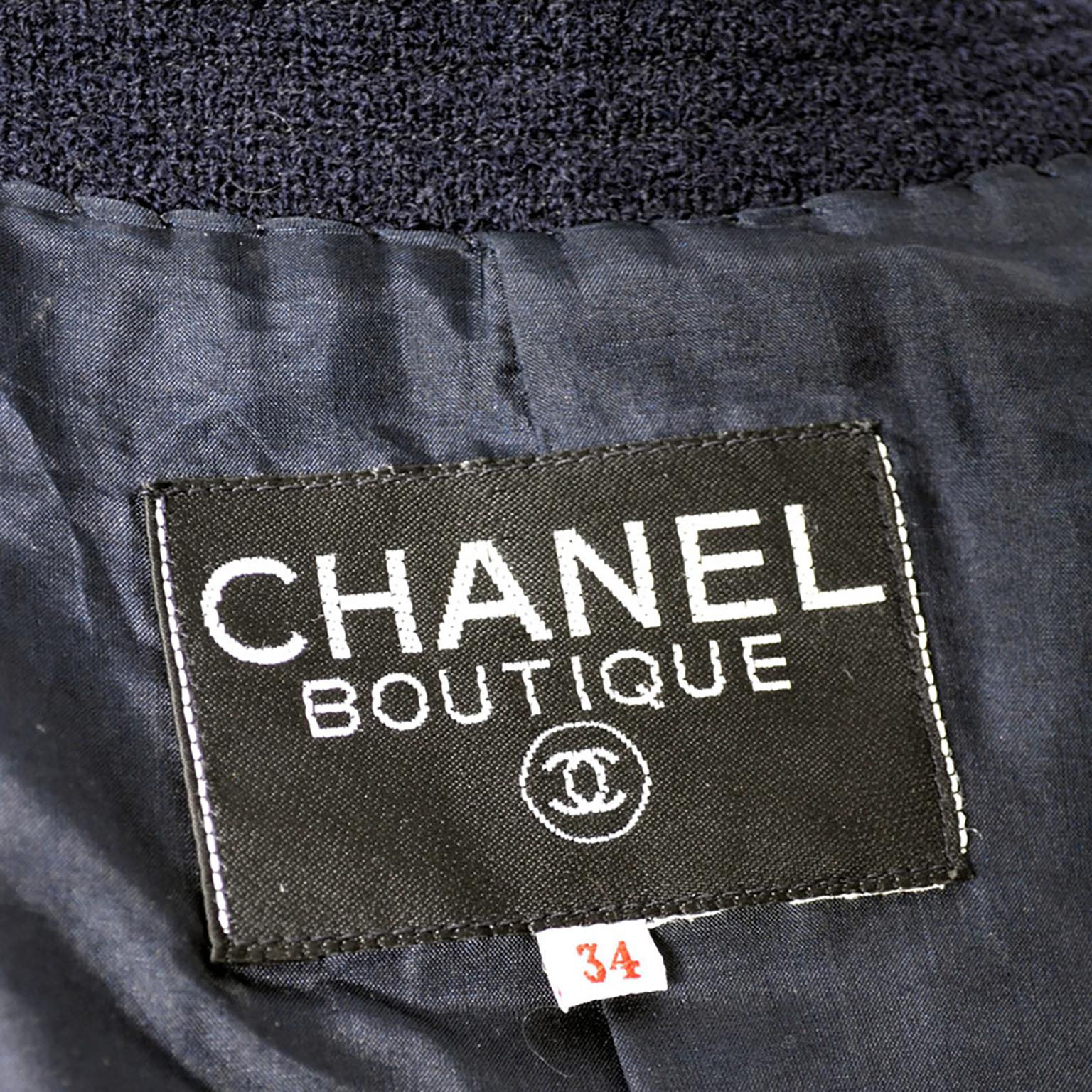 Vintage Chanel Dark Blue Boucle Wool 2 Piece Skirt & Open Front Jacket Suit 6
